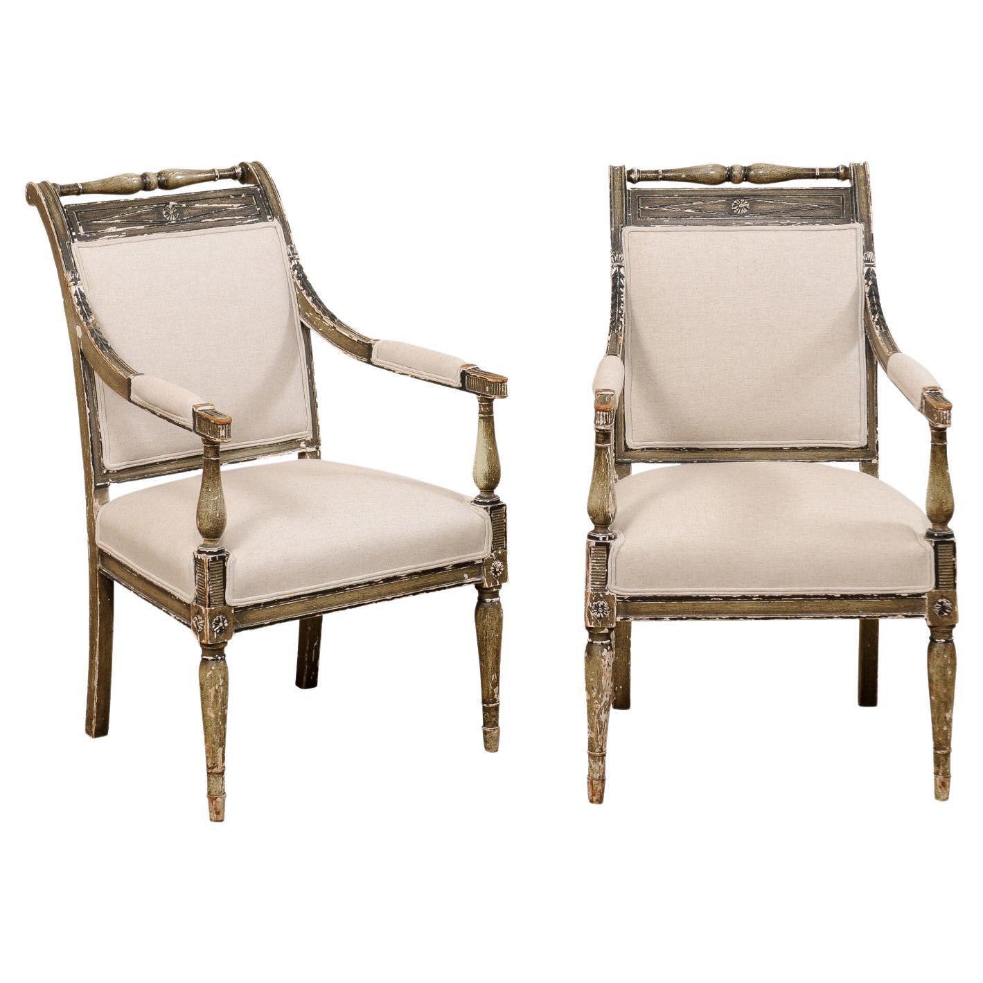 French Pair 19th C. Empire Style Fauteuils, Newly Upholstered in Belgian Linen
