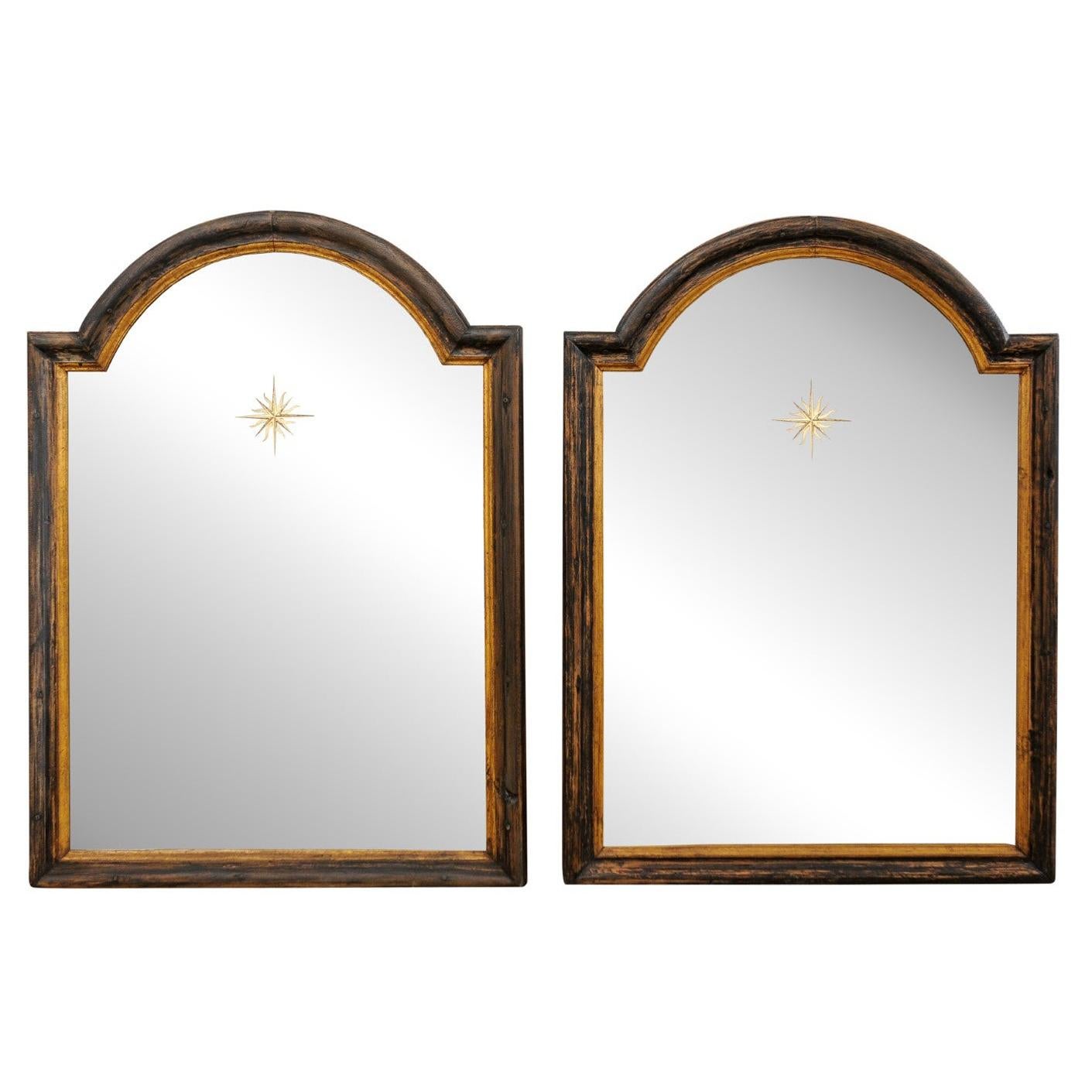 French Pair 19th C, Mirrors with Arched Crest & Sunburst Accents 