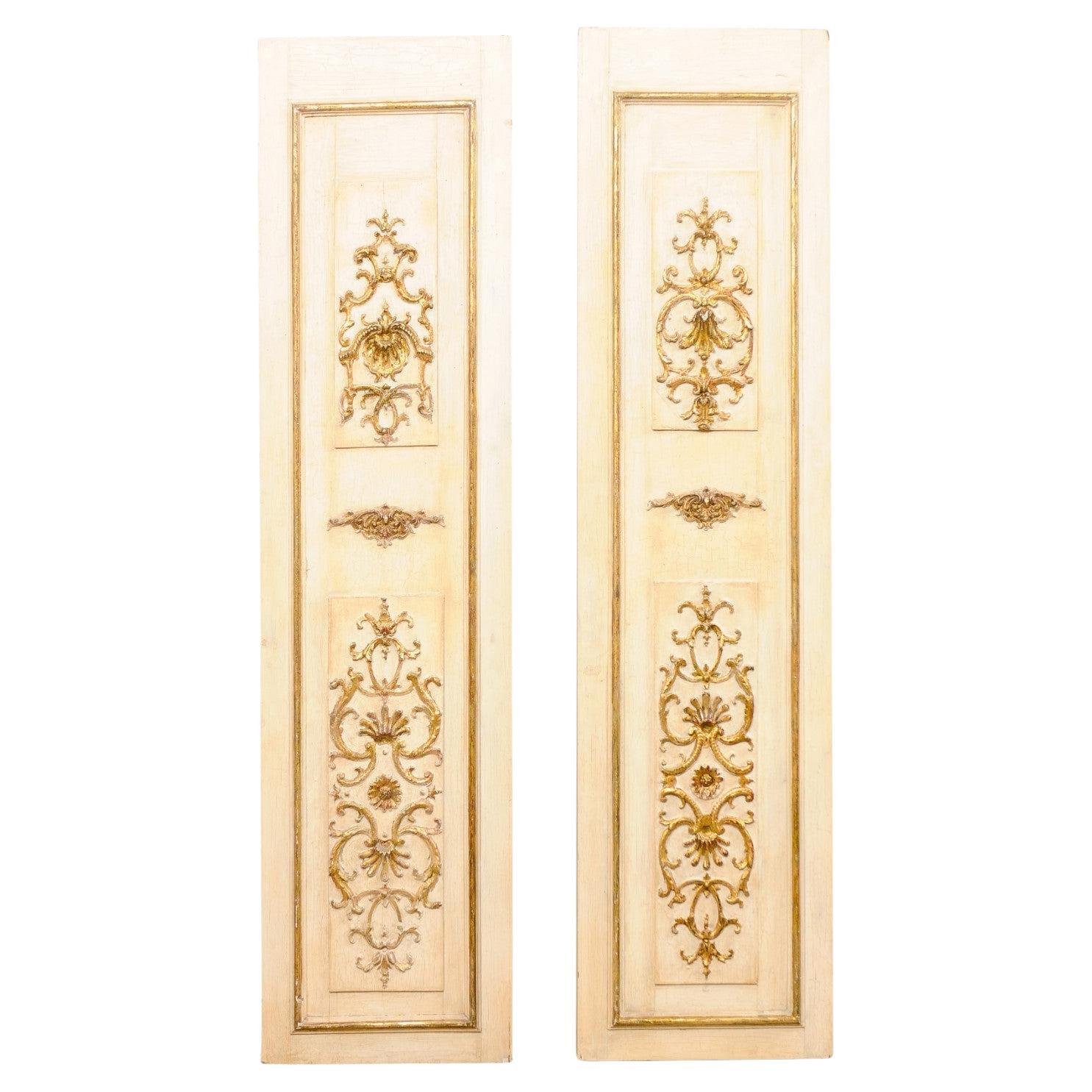 French Pair Decorative Wall Panels W/Gilt Rinceaux & Shell Accents For Sale