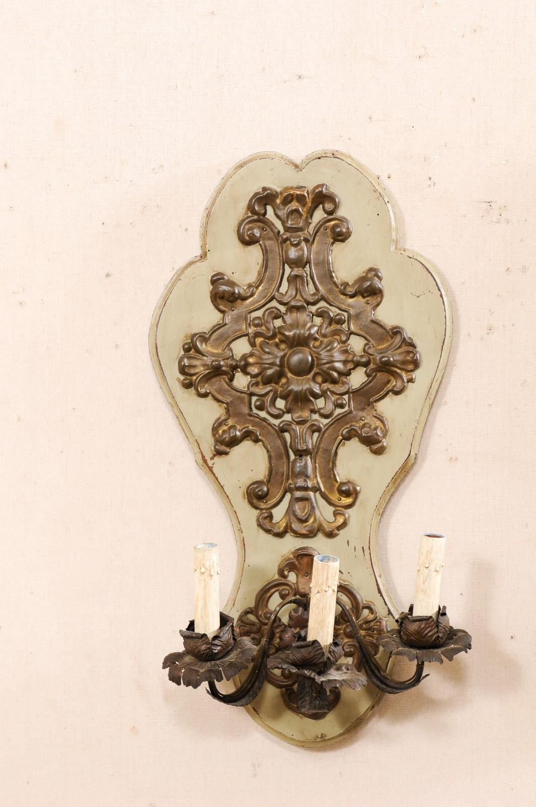 French Pair Antique 3-Light Wall Sconces In Good Condition For Sale In Atlanta, GA