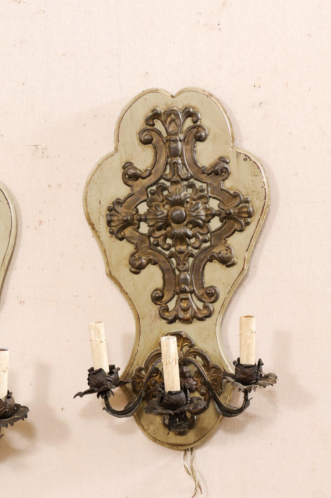 19th Century French Pair Antique 3-Light Wall Sconces For Sale
