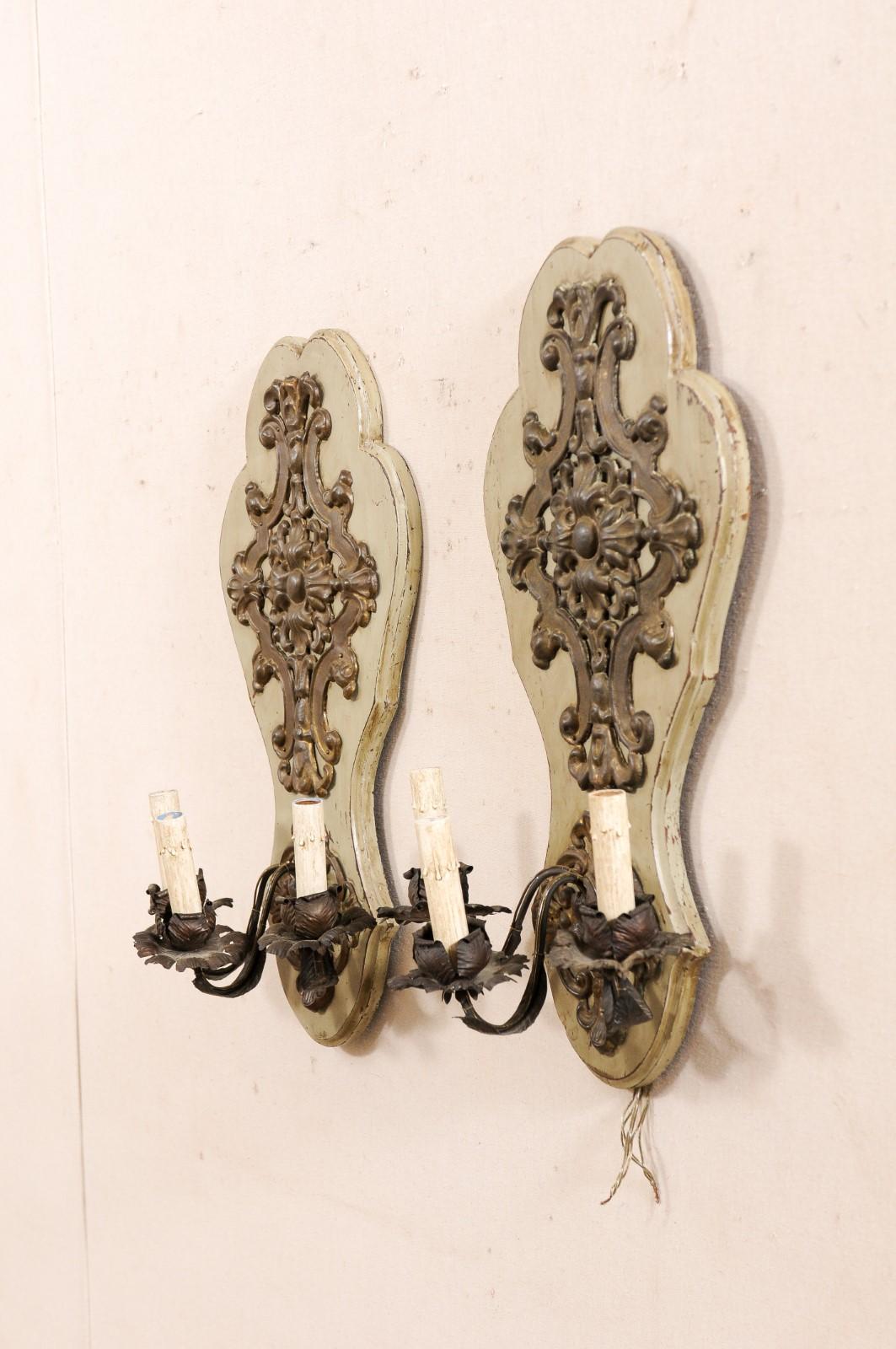 Wood French Pair Antique 3-Light Wall Sconces For Sale