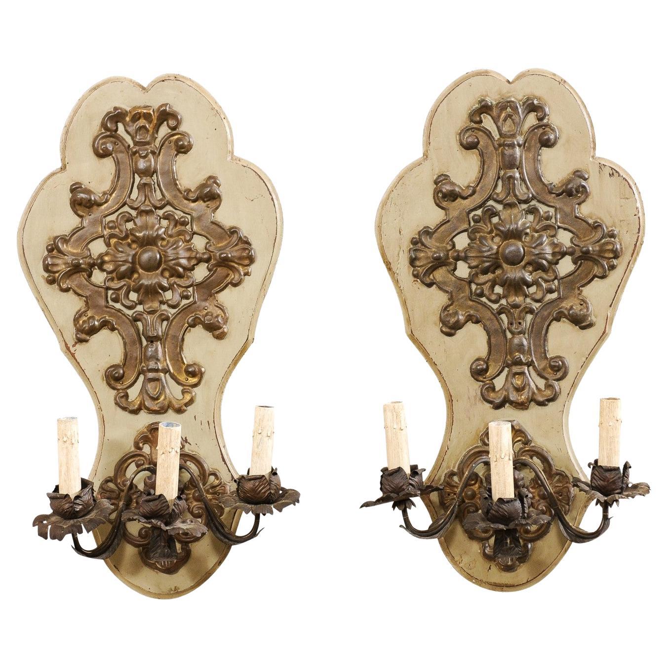 French Pair Antique 3-Light Wall Sconces For Sale