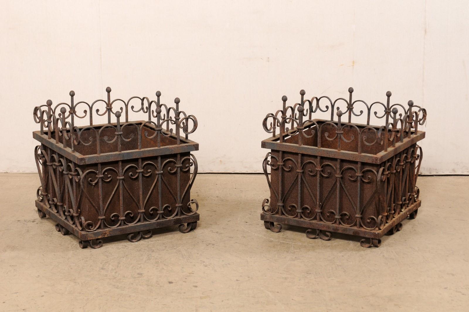 French Pair Beautiful Wrought Iron Square-Shaped Planters, Early 20th C. For Sale 6