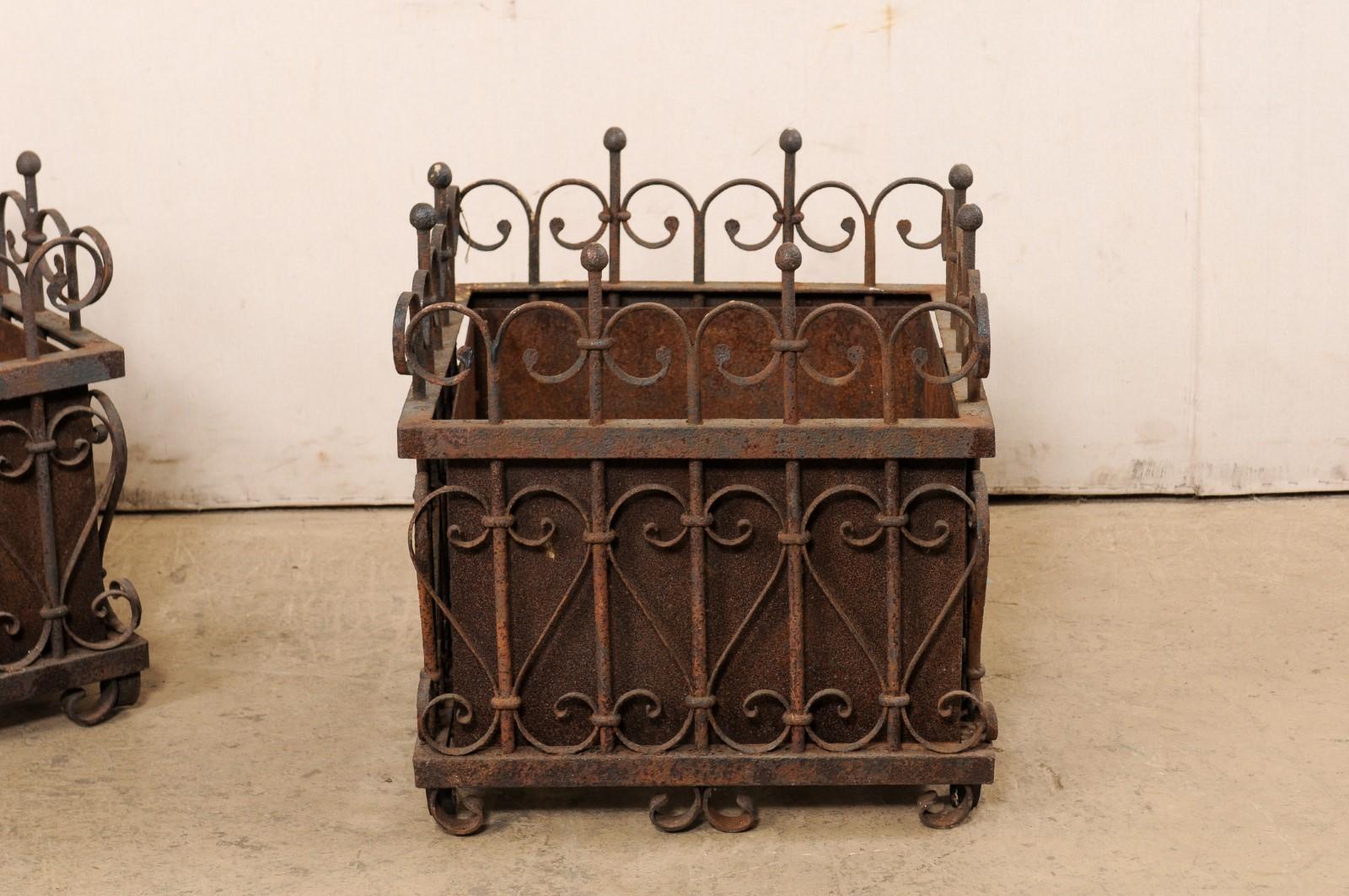 20th Century French Pair Beautiful Wrought Iron Square-Shaped Planters, Early 20th C. For Sale