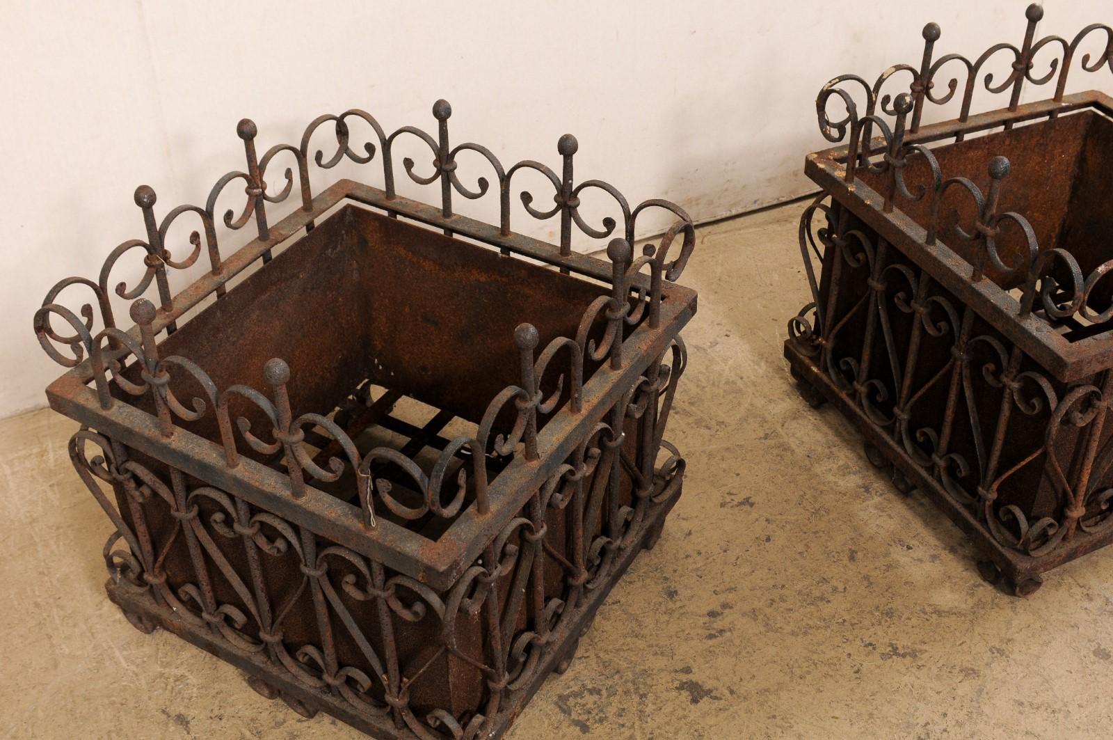 French Pair Beautiful Wrought Iron Square-Shaped Planters, Early 20th C. For Sale 1