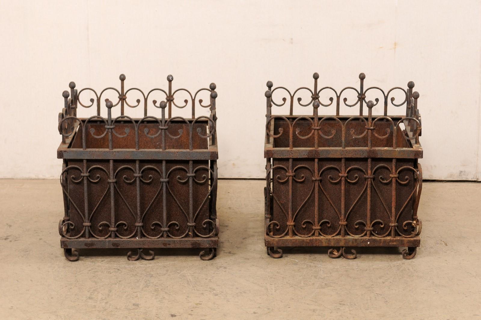 French Pair Beautiful Wrought Iron Square-Shaped Planters, Early 20th C. For Sale 3
