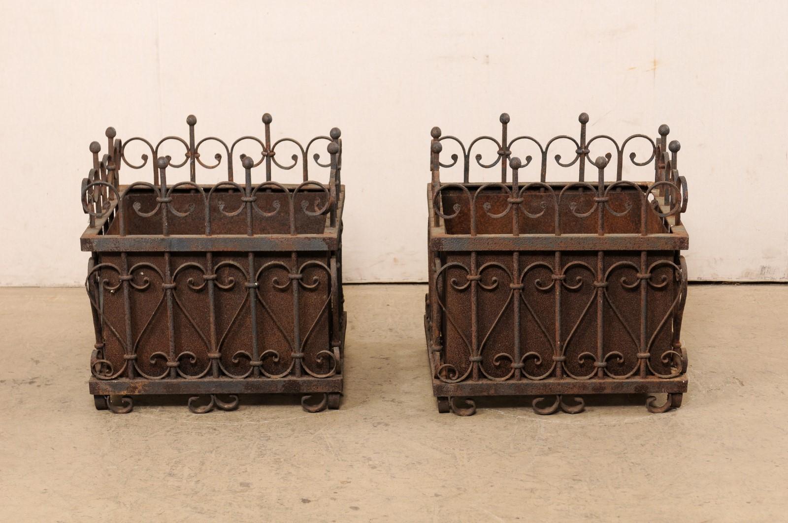 French Pair Beautiful Wrought Iron Square-Shaped Planters, Early 20th C. For Sale 4