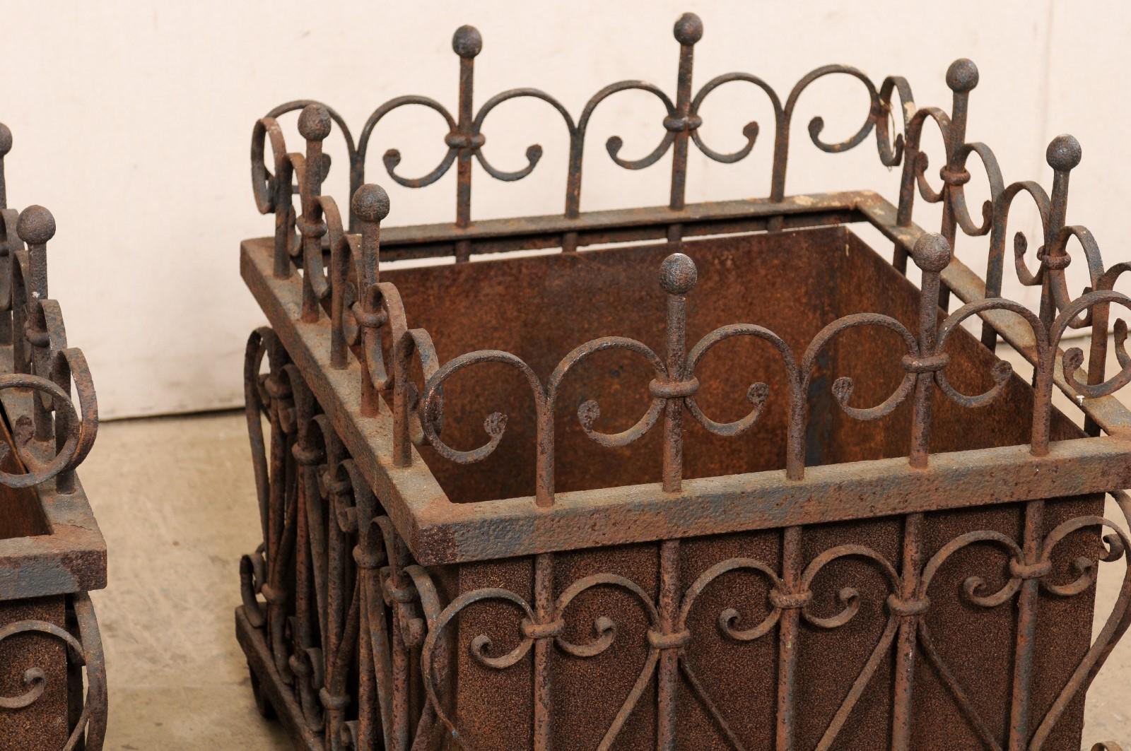 French Pair Beautiful Wrought Iron Square-Shaped Planters, Early 20th C. For Sale 5