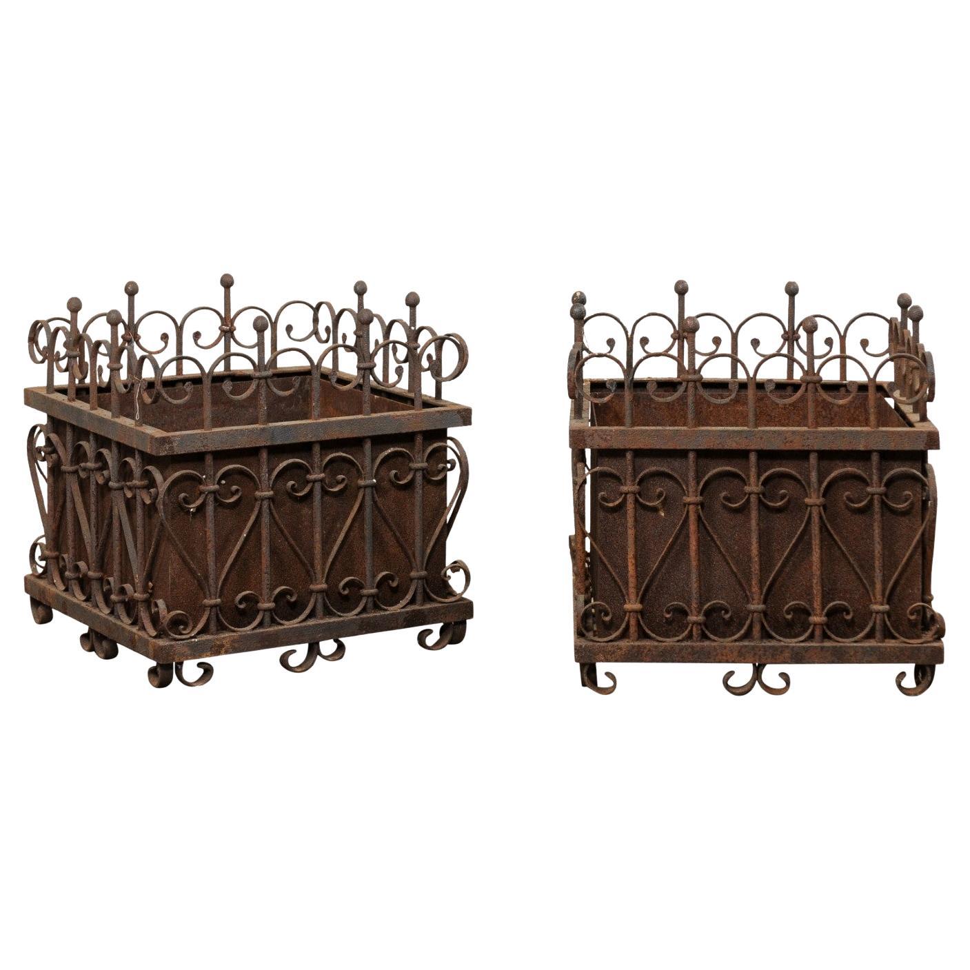 French Pair Beautiful Wrought Iron Square-Shaped Planters, Early 20th C.