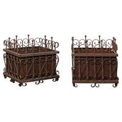 Antique French Pair Beautiful Wrought Iron Square-Shaped Planters, Early 20th C.