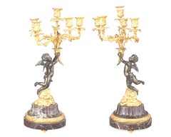 French Pair Bronze Figural Cherub Candelabra, 19 Century