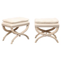 French Pair Creamy Off-White Curule Stools w/ Pillow Top Seat