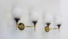 French Pair Double Sconces Brass & Black Metal, Opalin Glass circa 1960