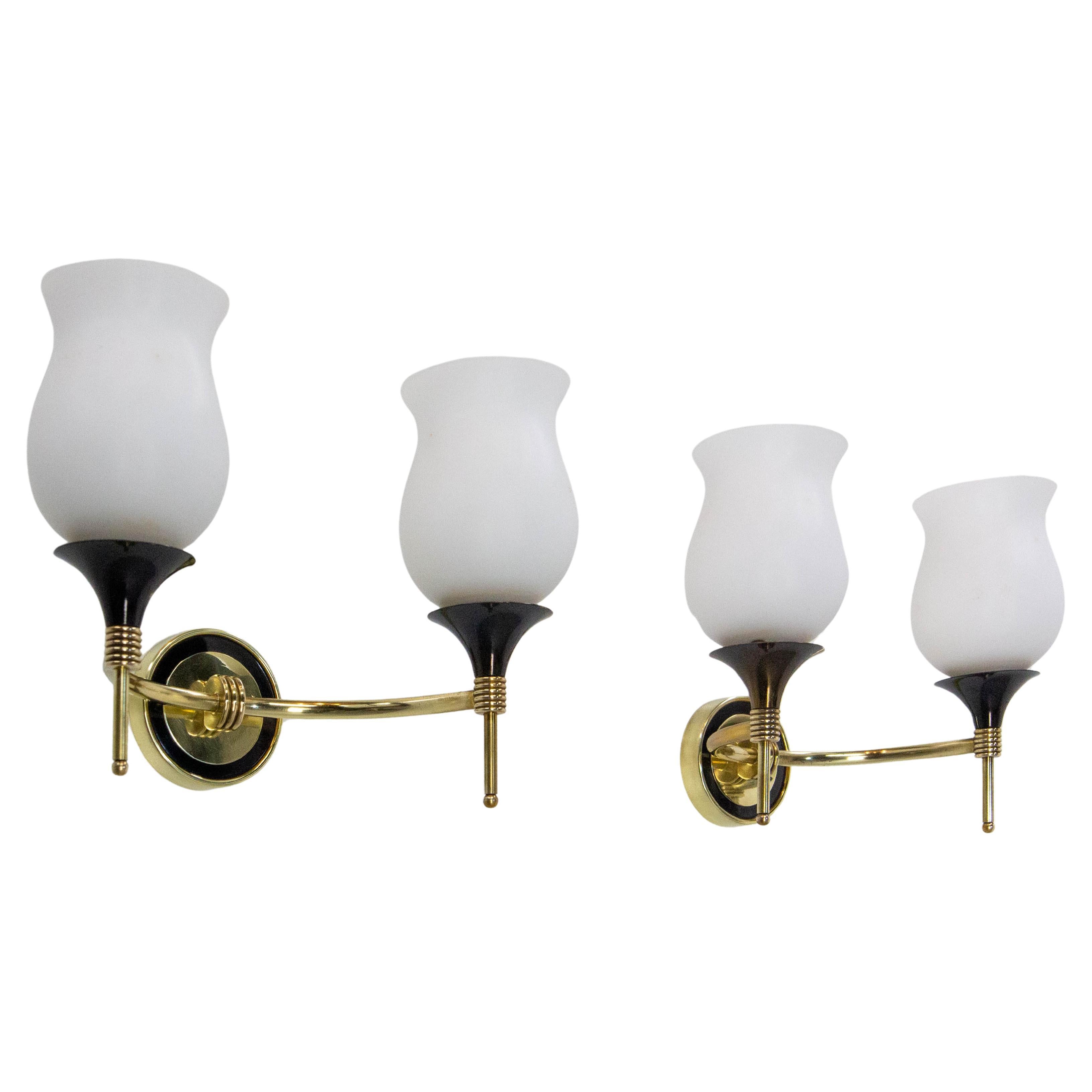 French Pair Double Sconces Brass 
Black Metal, Opalin Glass circa 1960 For Sale