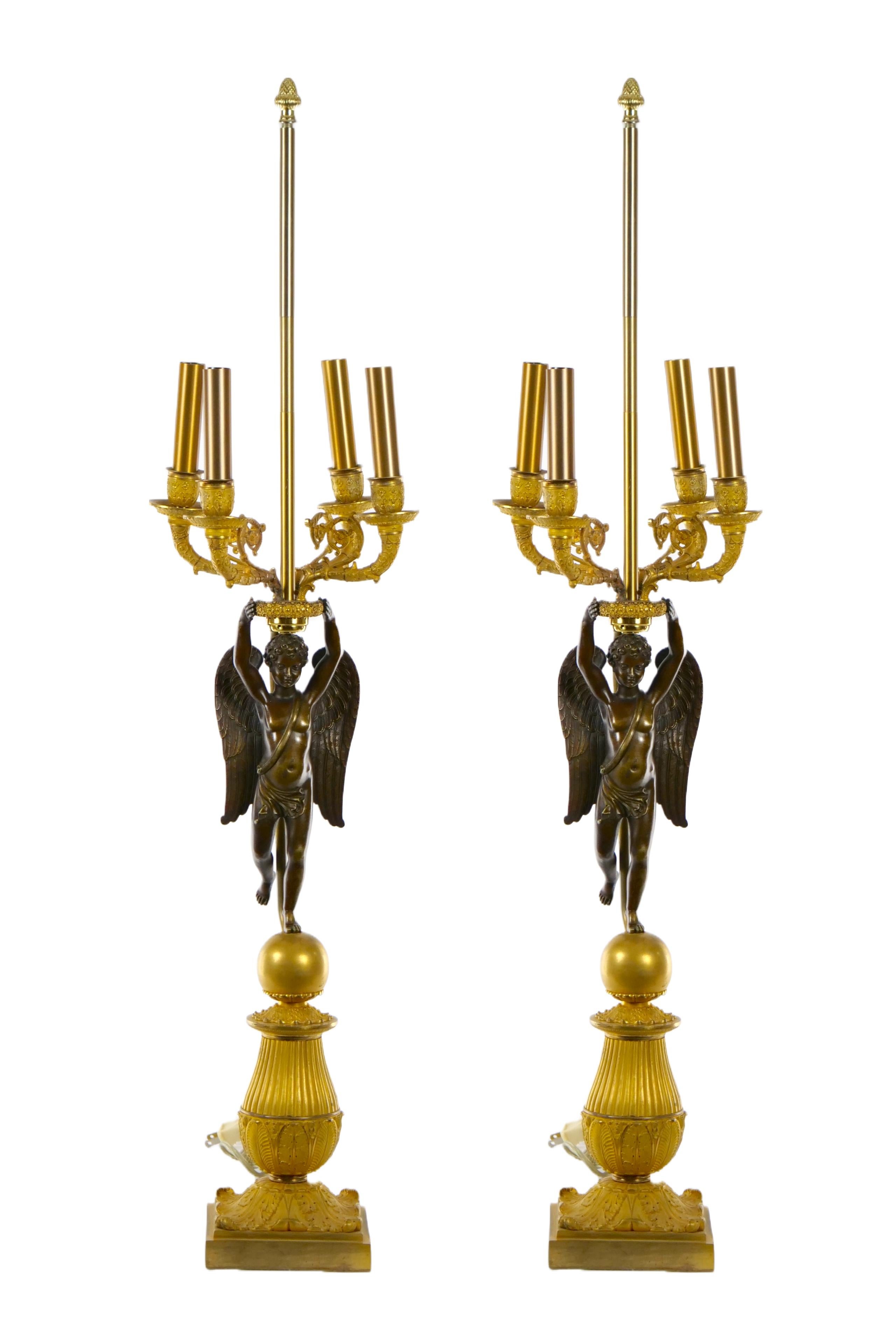 French Pair Empire Dore Bronze Winged Putti Candelabras For Sale 10