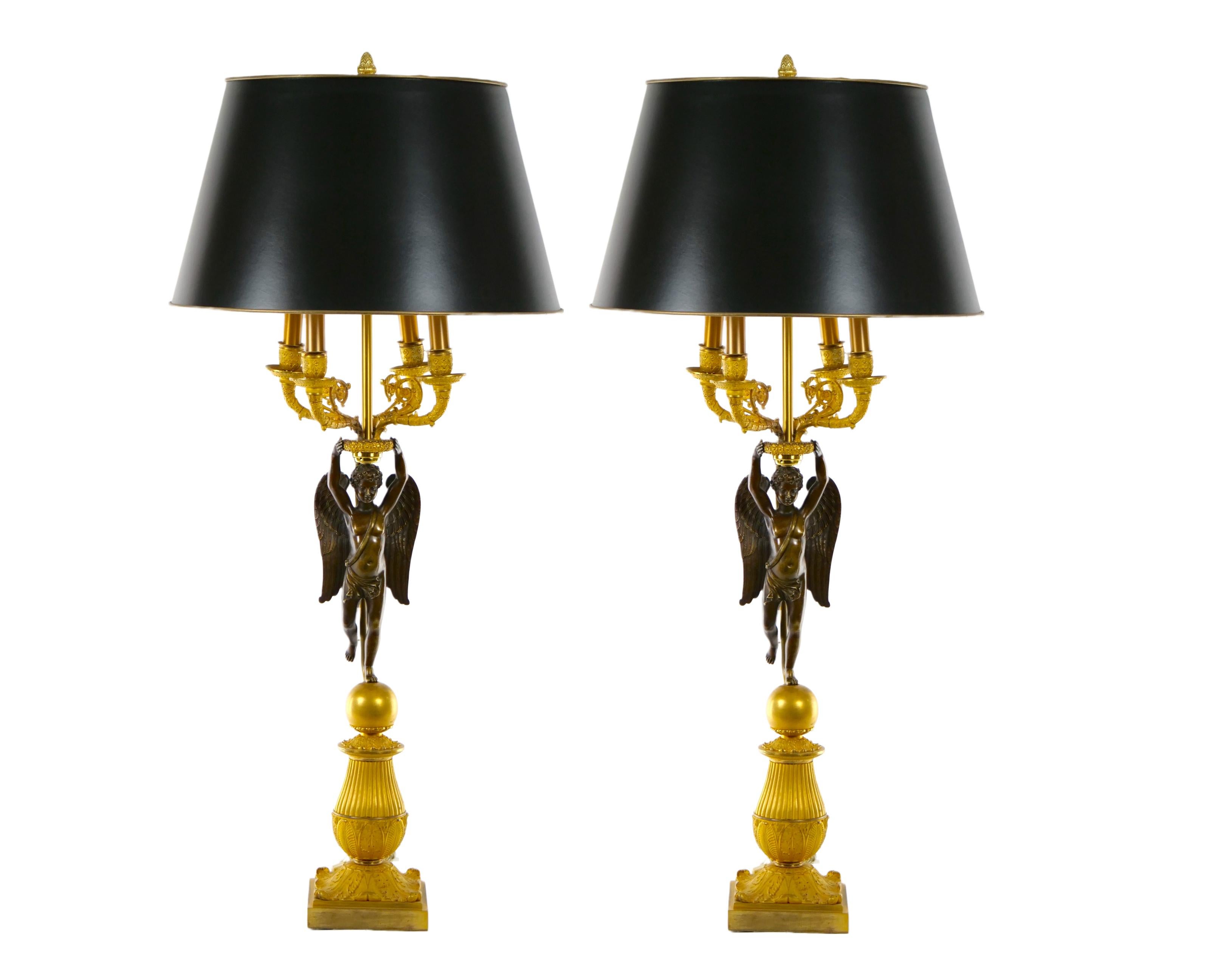 French Pair Empire Dore Bronze Winged Putti Candelabras For Sale 12
