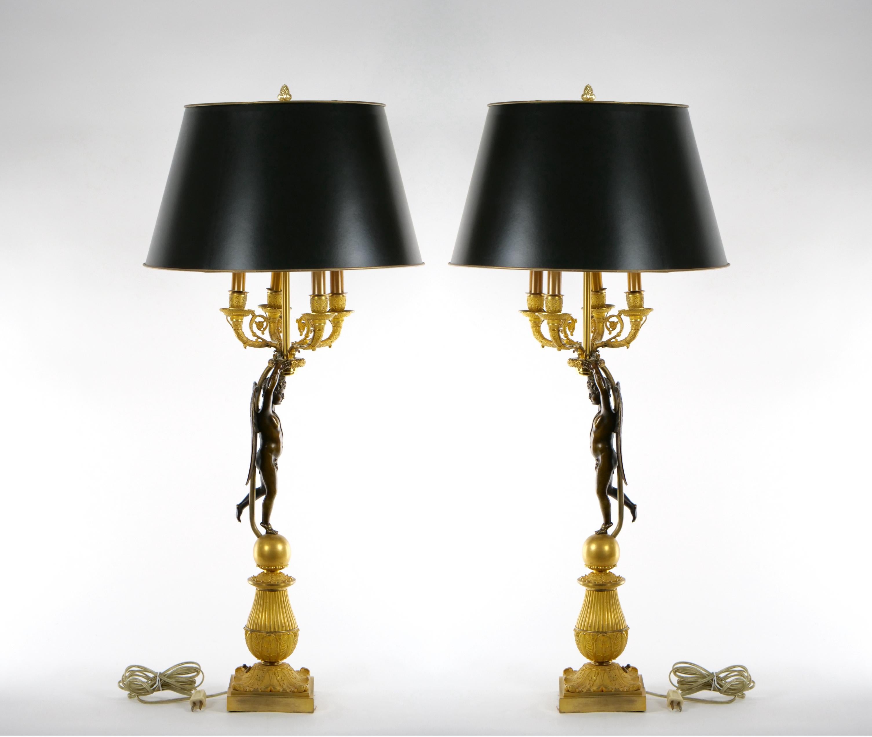 French Pair Empire Dore Bronze Winged Putti Candelabras In Good Condition For Sale In Tarry Town, NY