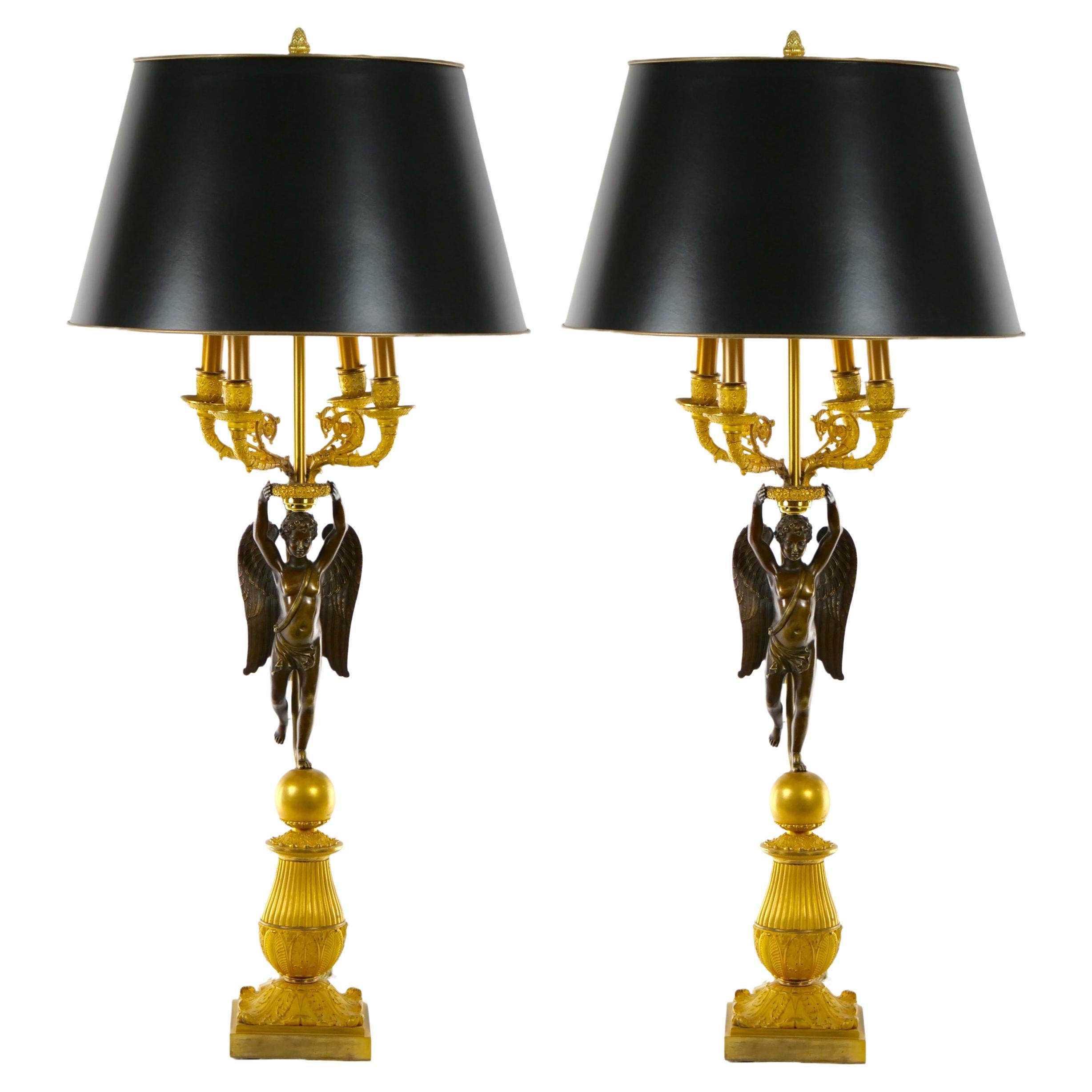 French Pair Empire Dore Bronze Winged Putti Candelabras For Sale