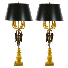 French Pair Empire Dore Bronze Winged Putti Candelabras