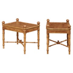 Vintage French Pair Faux-Bamboo Carved Accent Side Tables