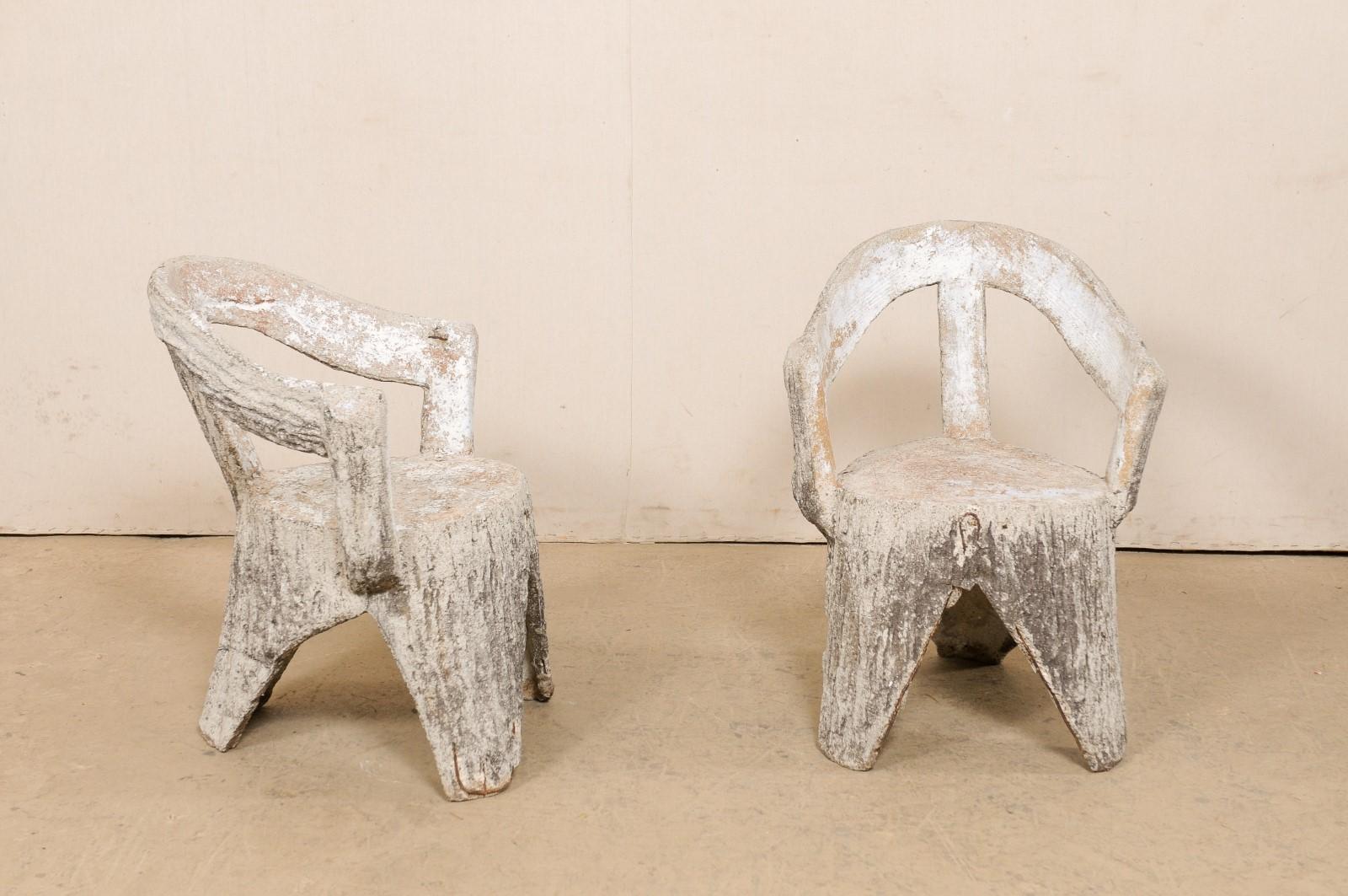 Cast Stone French Pair Faux-Bois Garden Patio Chairs, Mid 20th Century