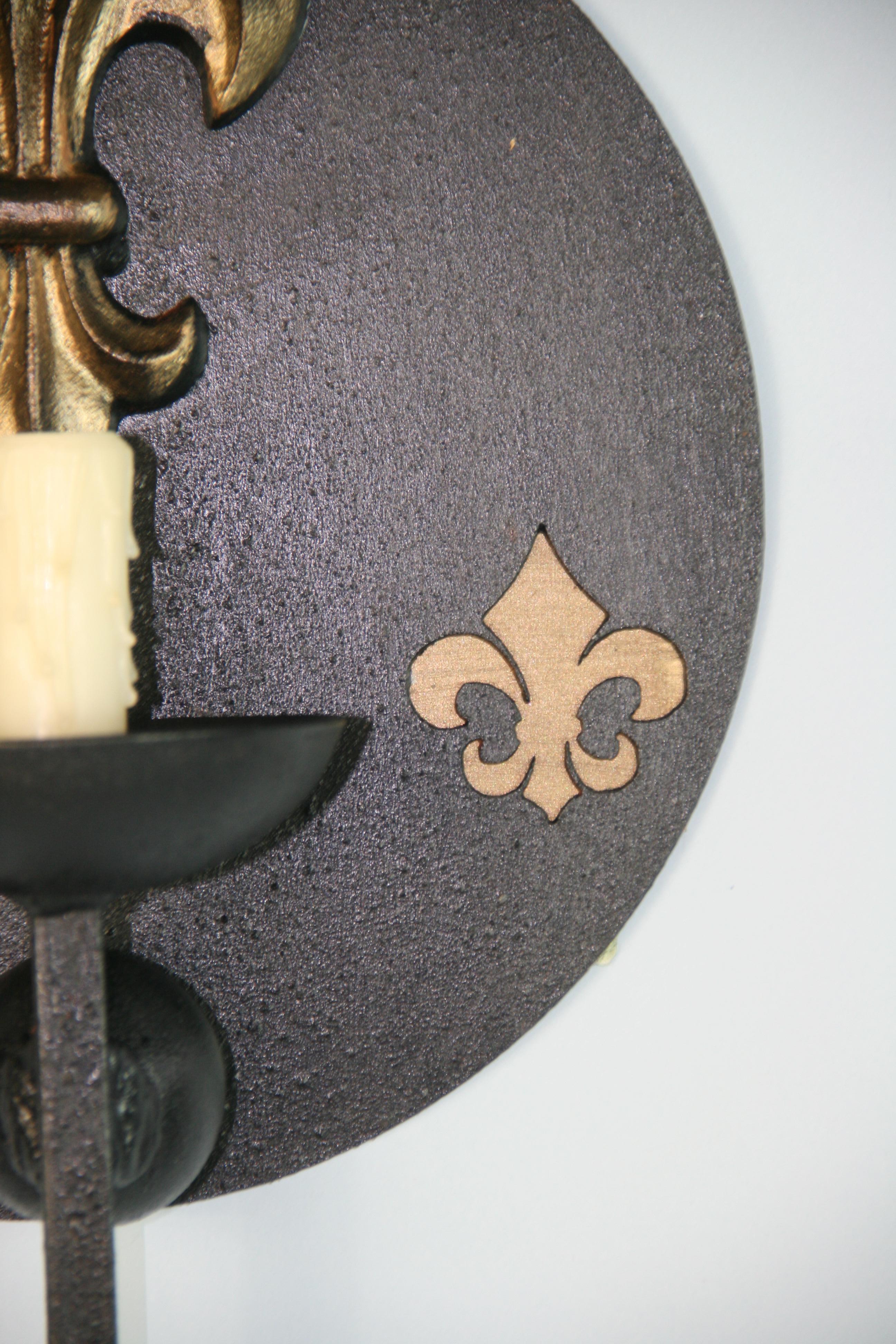 French Pair Fleur De Leis Black Iron Oversized Sconces 1960's For Sale 2
