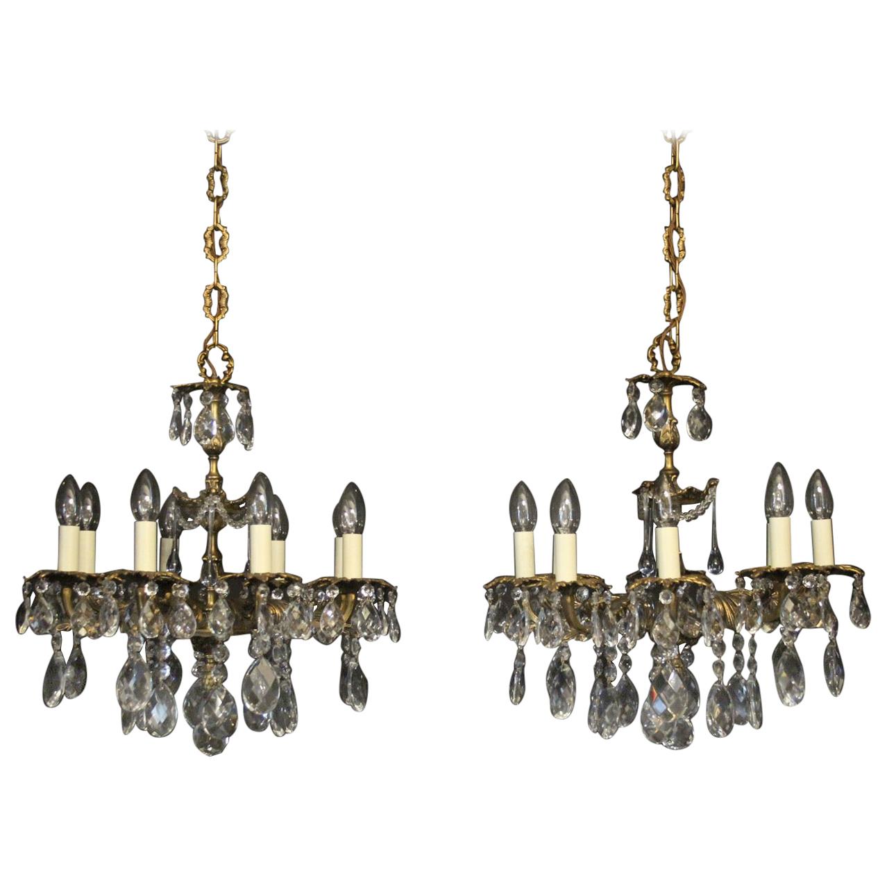 French Pair of Gilded Bronze and Crystal Antique Chandeliers at 1stDibs