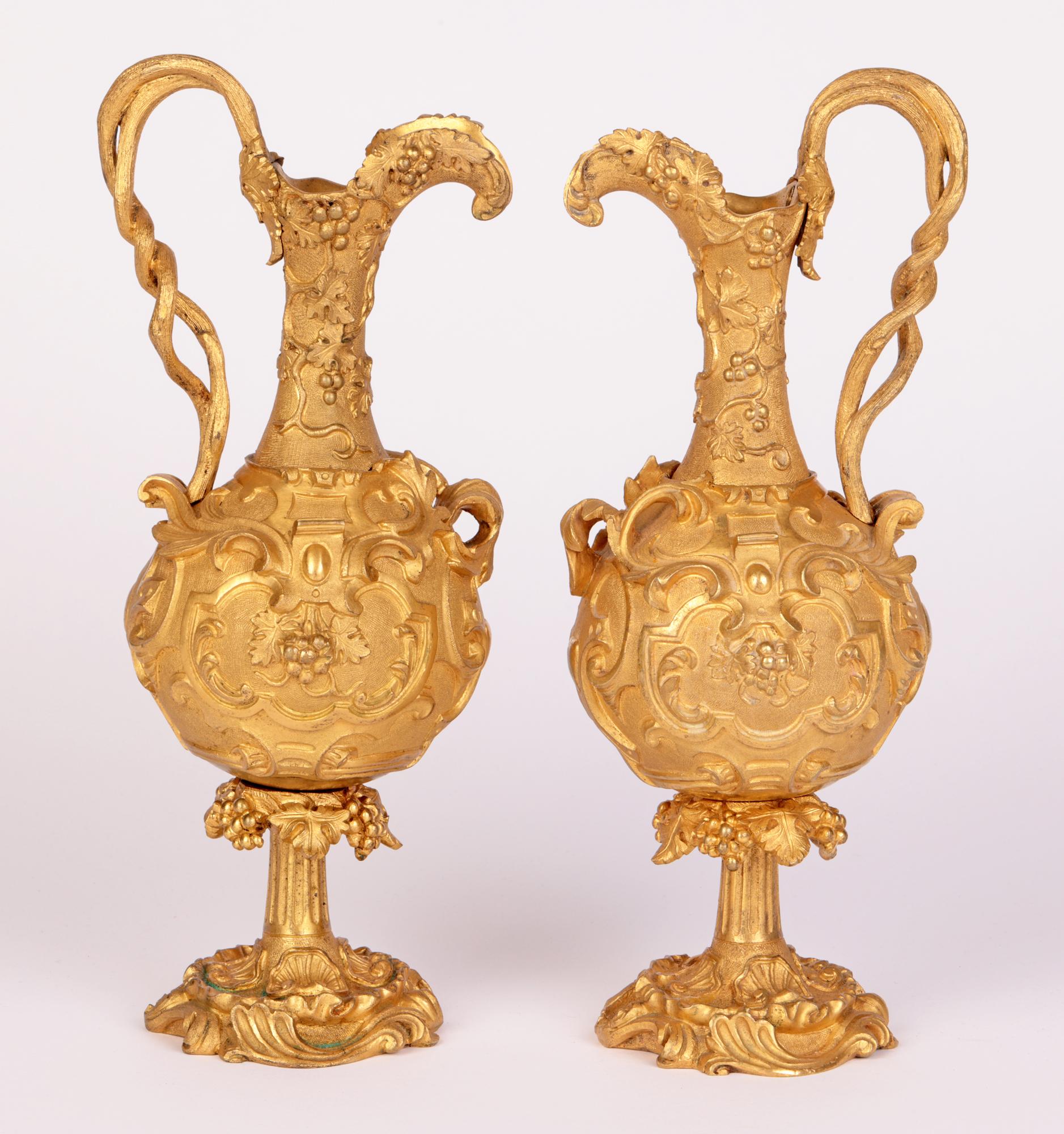 French Pair Gilded Bronze Ornamental Neo-Classical Decorated Ewers For Sale 4
