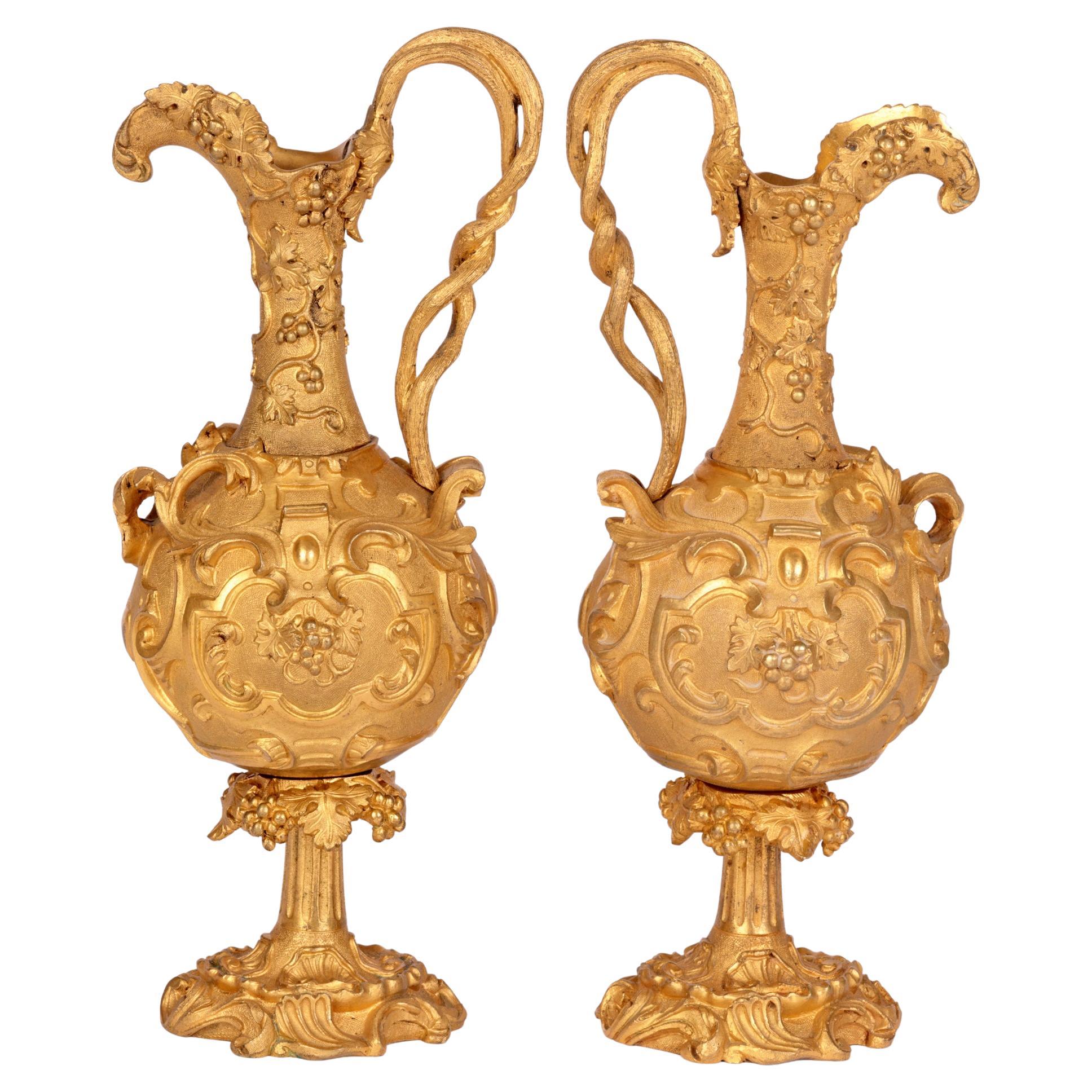 French Pair Gilded Bronze Ornamental Neo-Classical Decorated Ewers For Sale