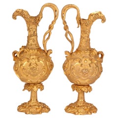 Antique French Pair Gilded Bronze Ornamental Neo-Classical Decorated Ewers