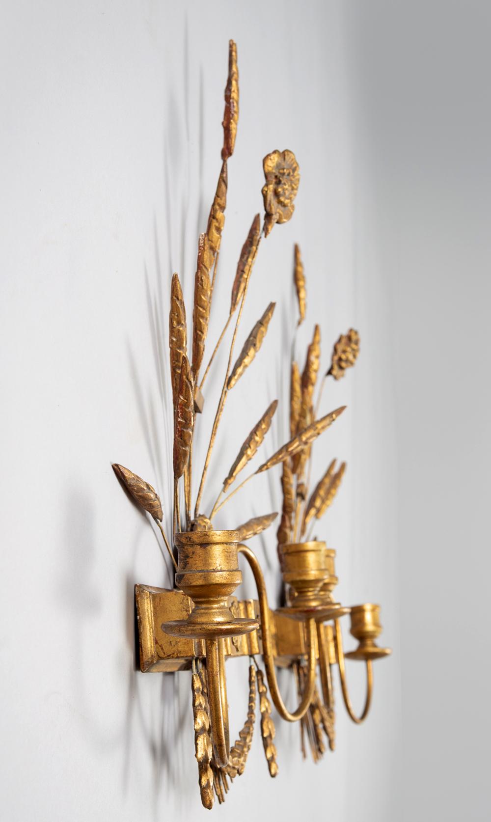 Pair French giltwood two-arm wall sconces in the shape of sheaths of wheat. At present they are not electrified but can easily be.