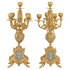 French Pair Gilt Bronze and Champleve Candelabra