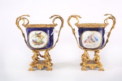 French Pair Gilt Bronze Mounted / Porcelain Pair Urns / Vases