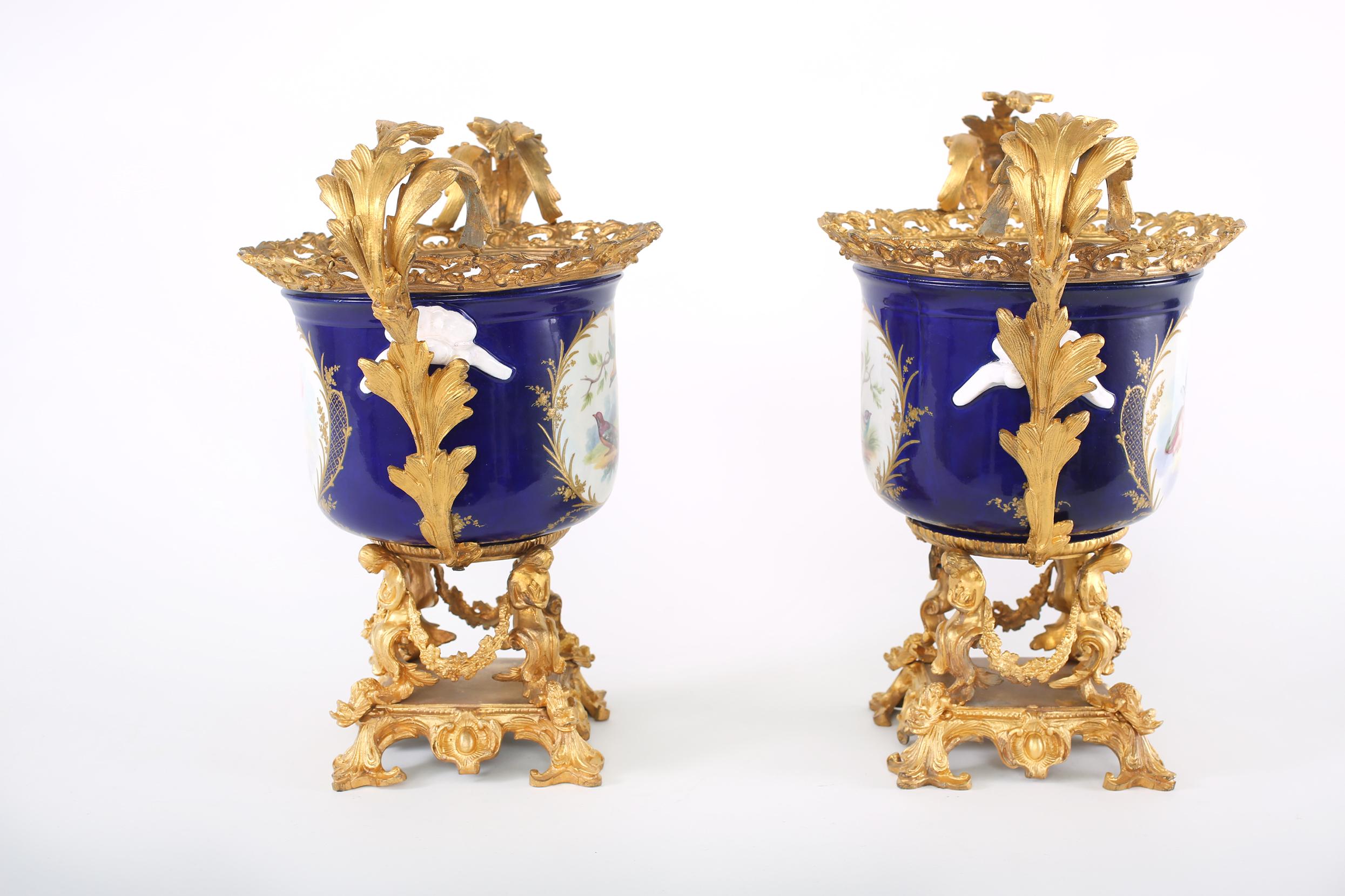 Hand-Painted French Pair Gilt Bronze Mounted / Porcelain Pair Urns / Vases  For Sale