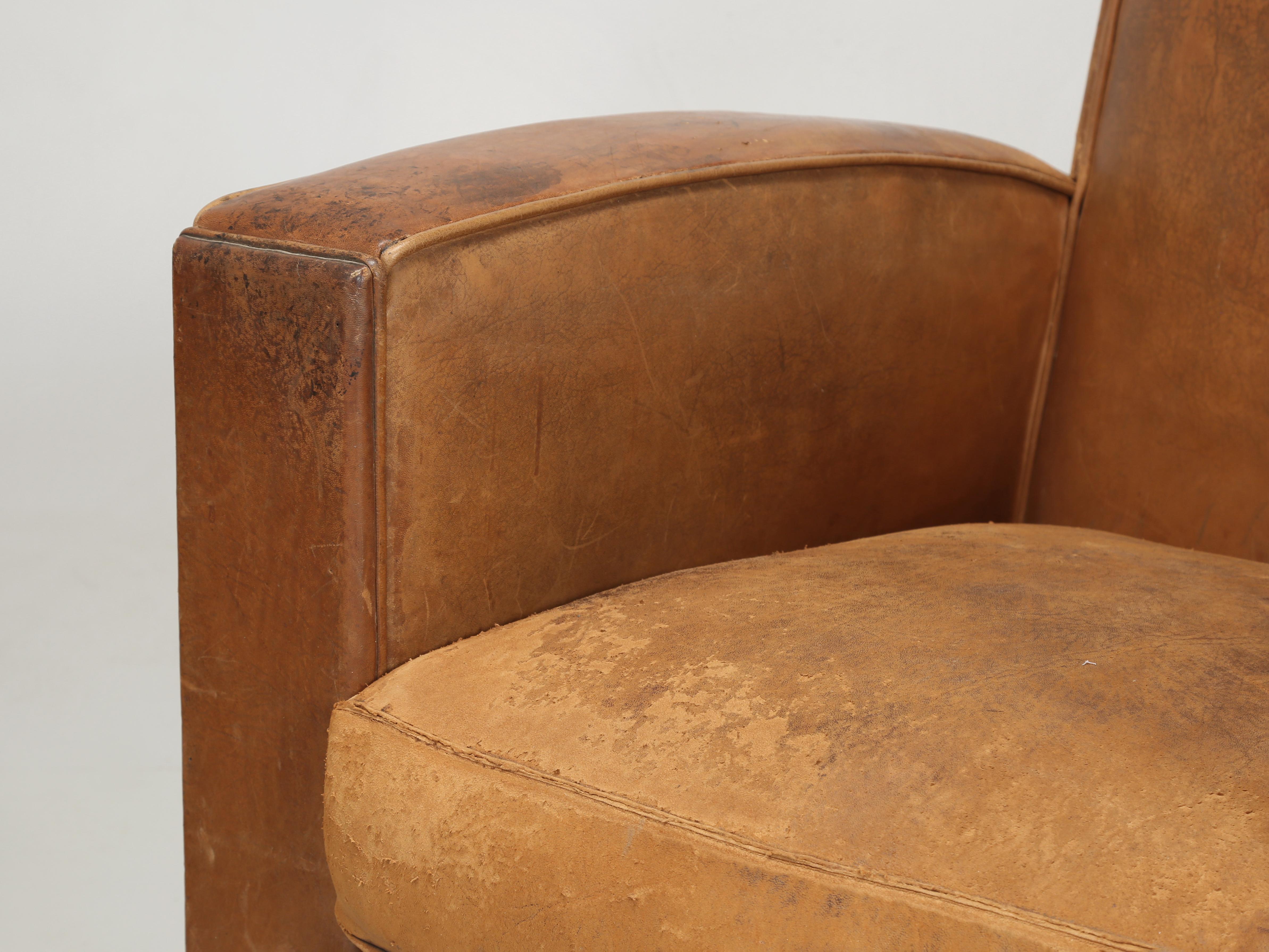 French Pair Leather Club Chairs Completely Restored Inside with Original Leather 4
