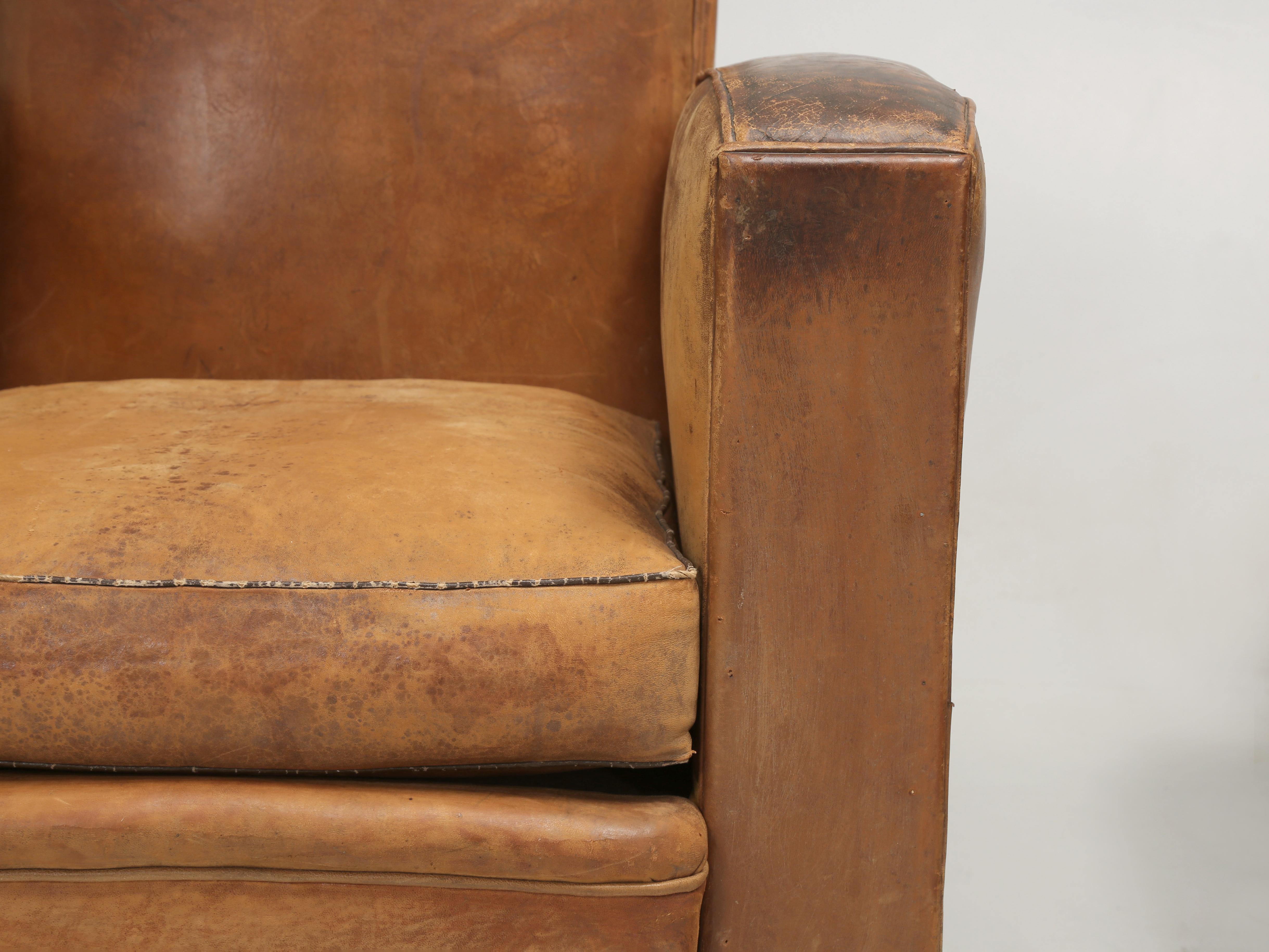 French Pair Leather Club Chairs Completely Restored Inside with Original Leather 5