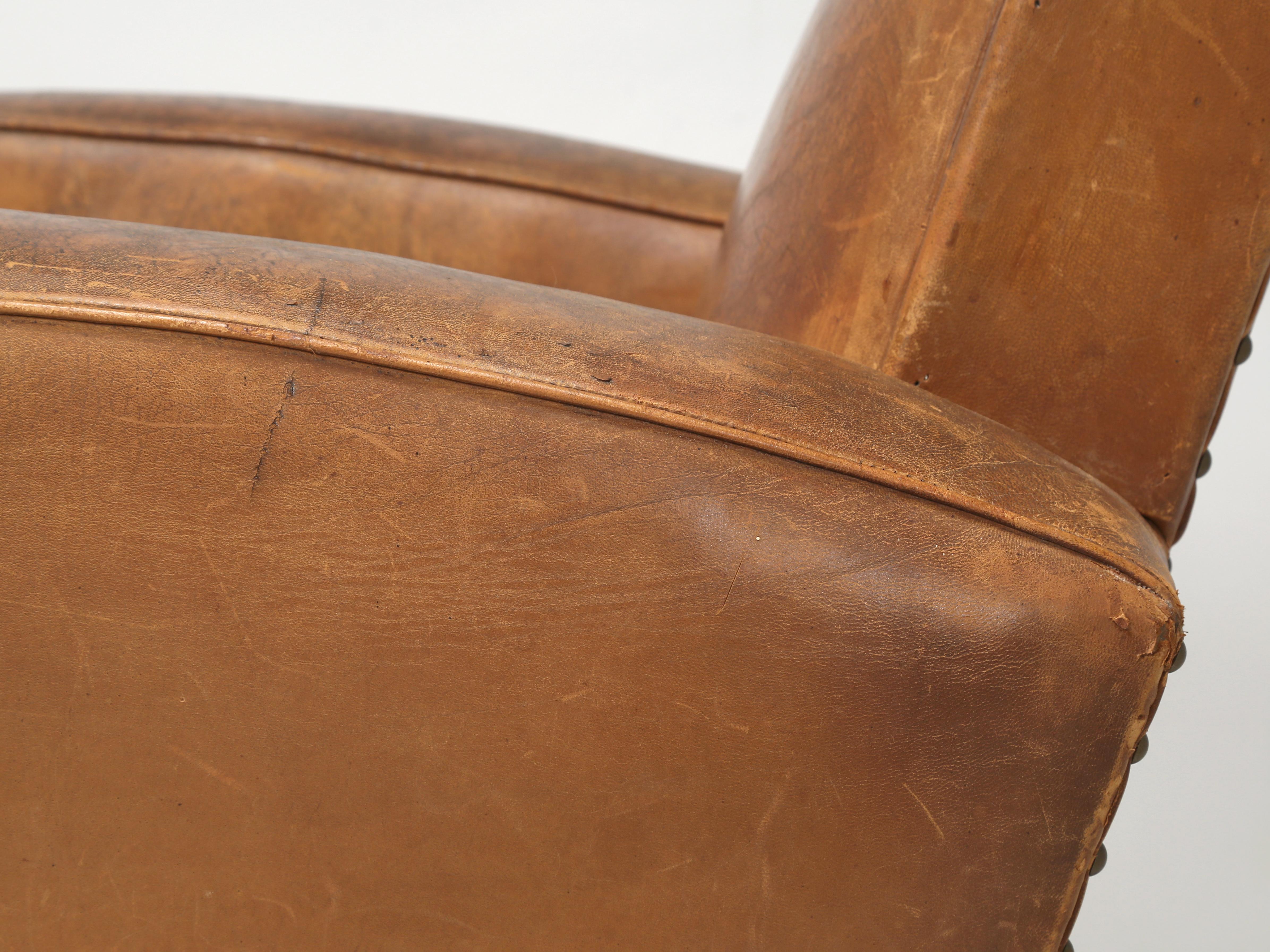 French Pair Leather Club Chairs Completely Restored Inside with Original Leather 6