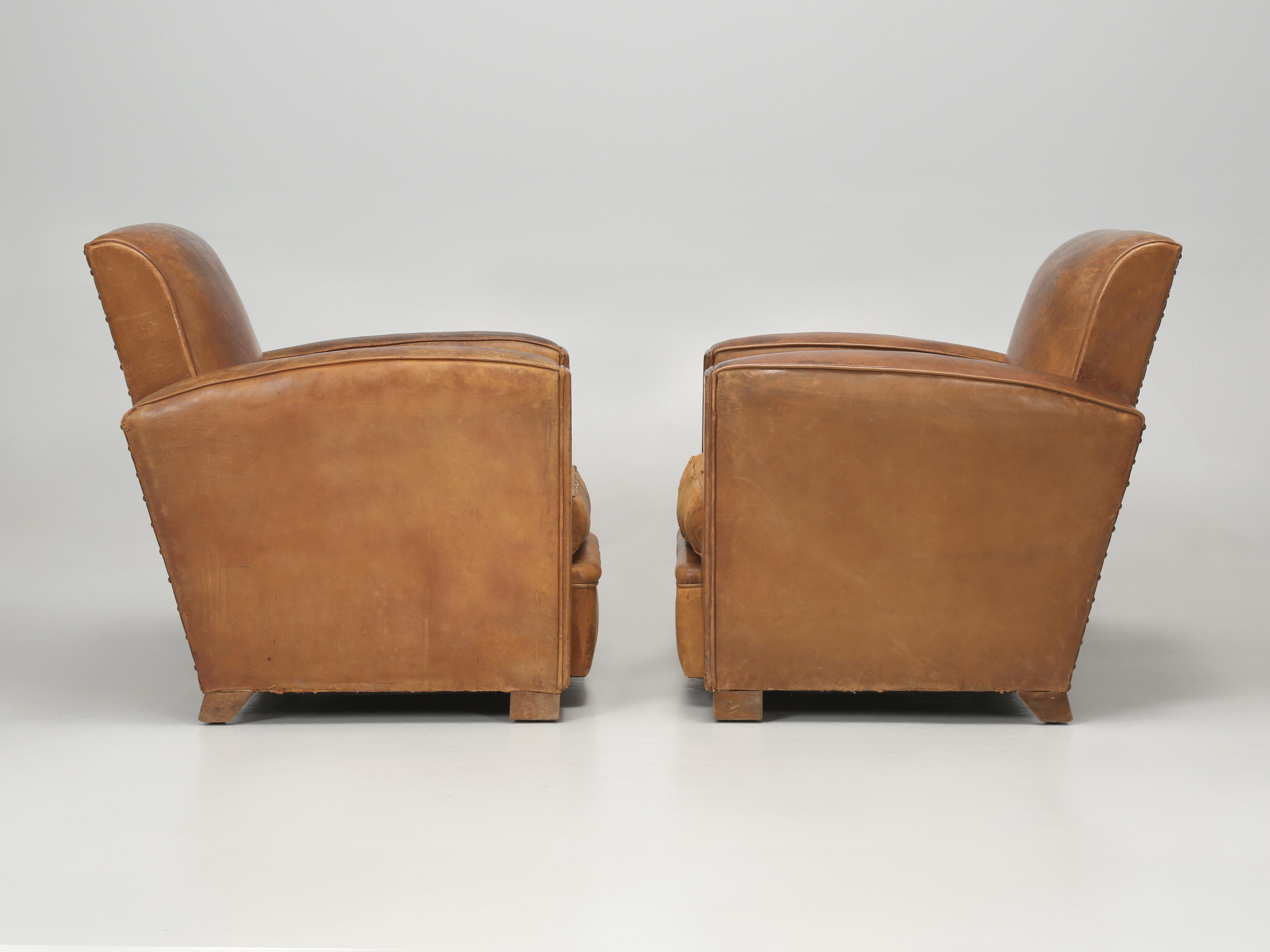French Pair Leather Club Chairs Completely Restored Inside with Original Leather 7