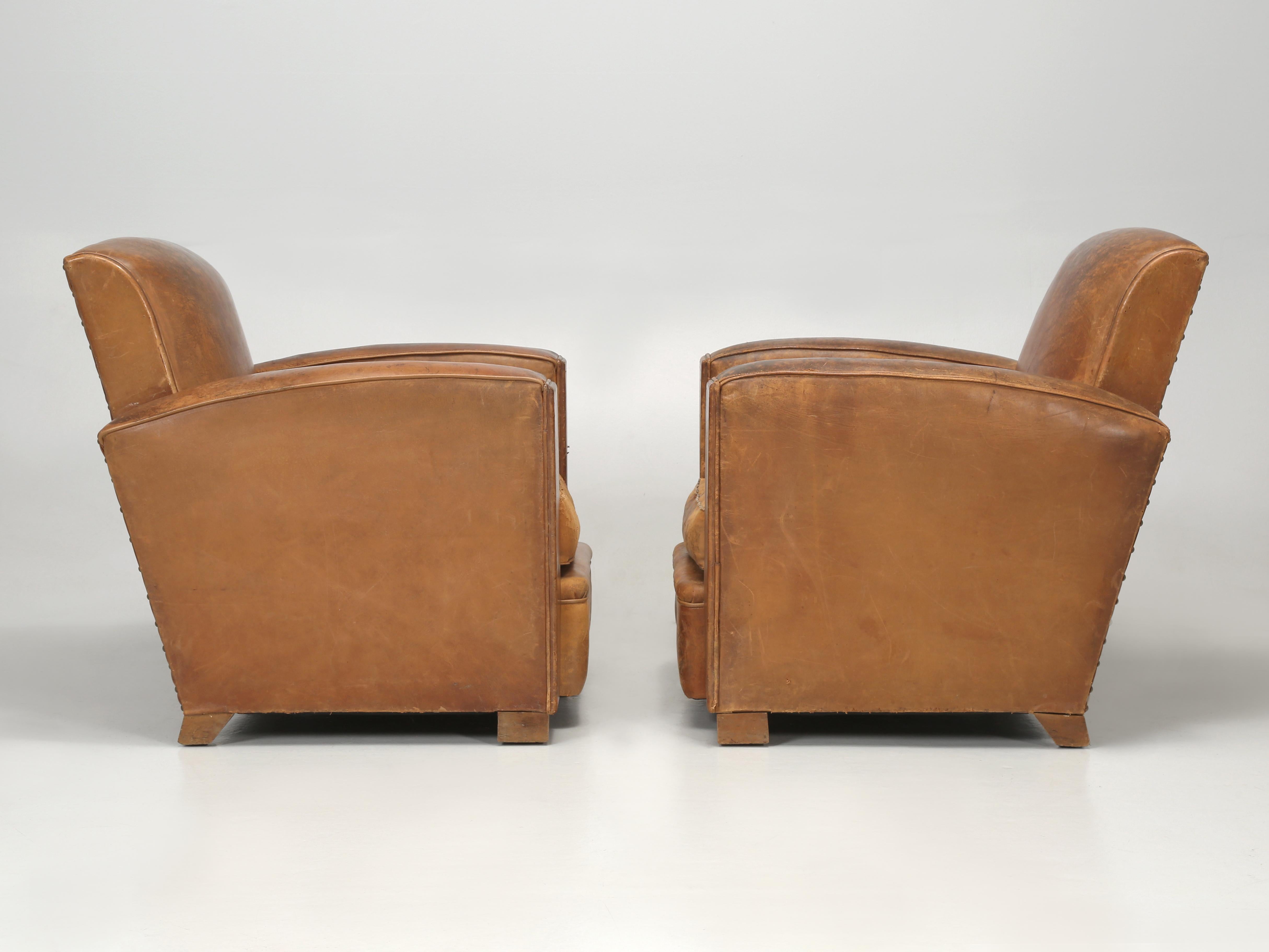 French Pair Leather Club Chairs Completely Restored Inside with Original Leather 8
