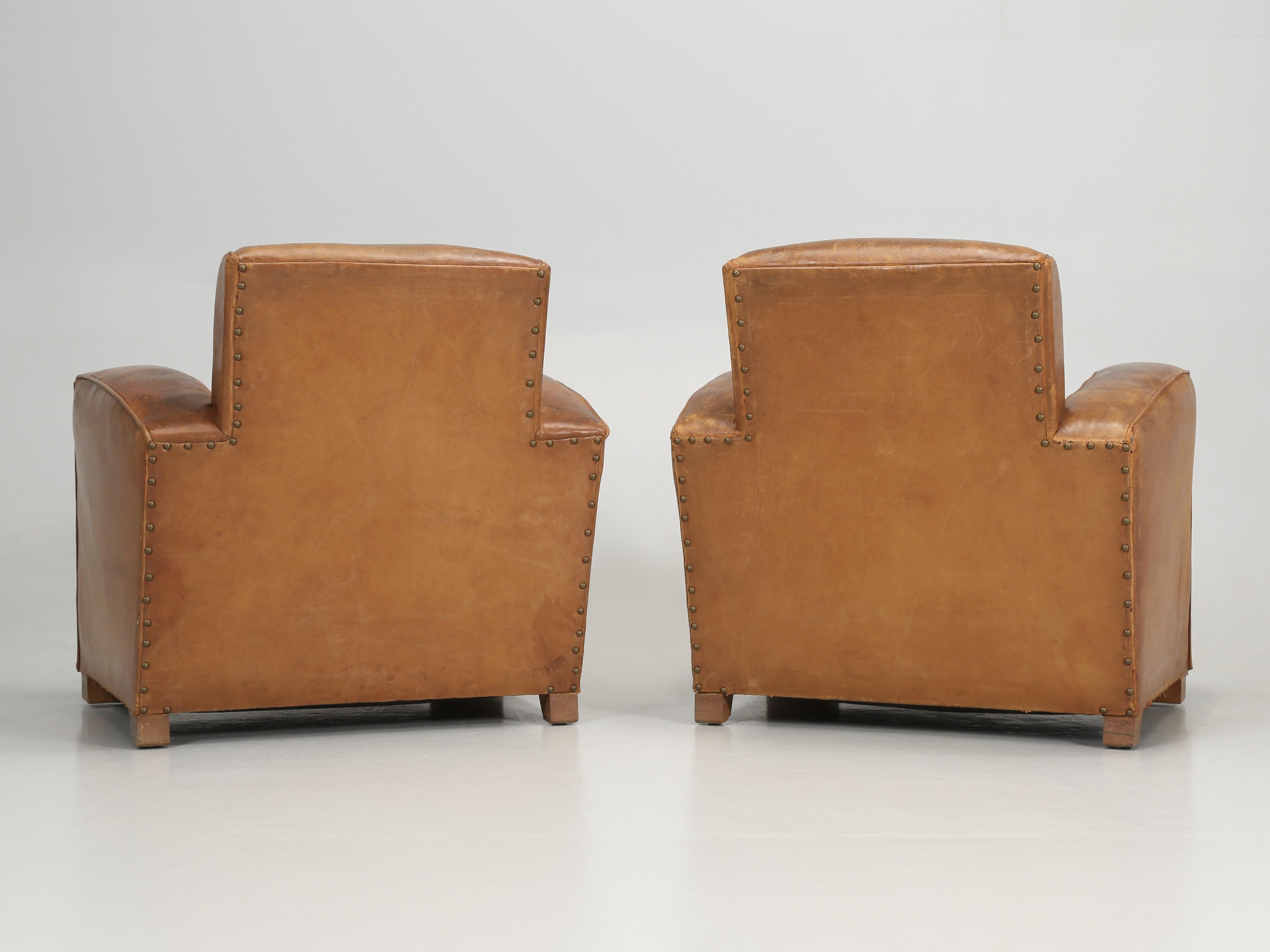 French Pair Leather Club Chairs Completely Restored Inside with Original Leather 9