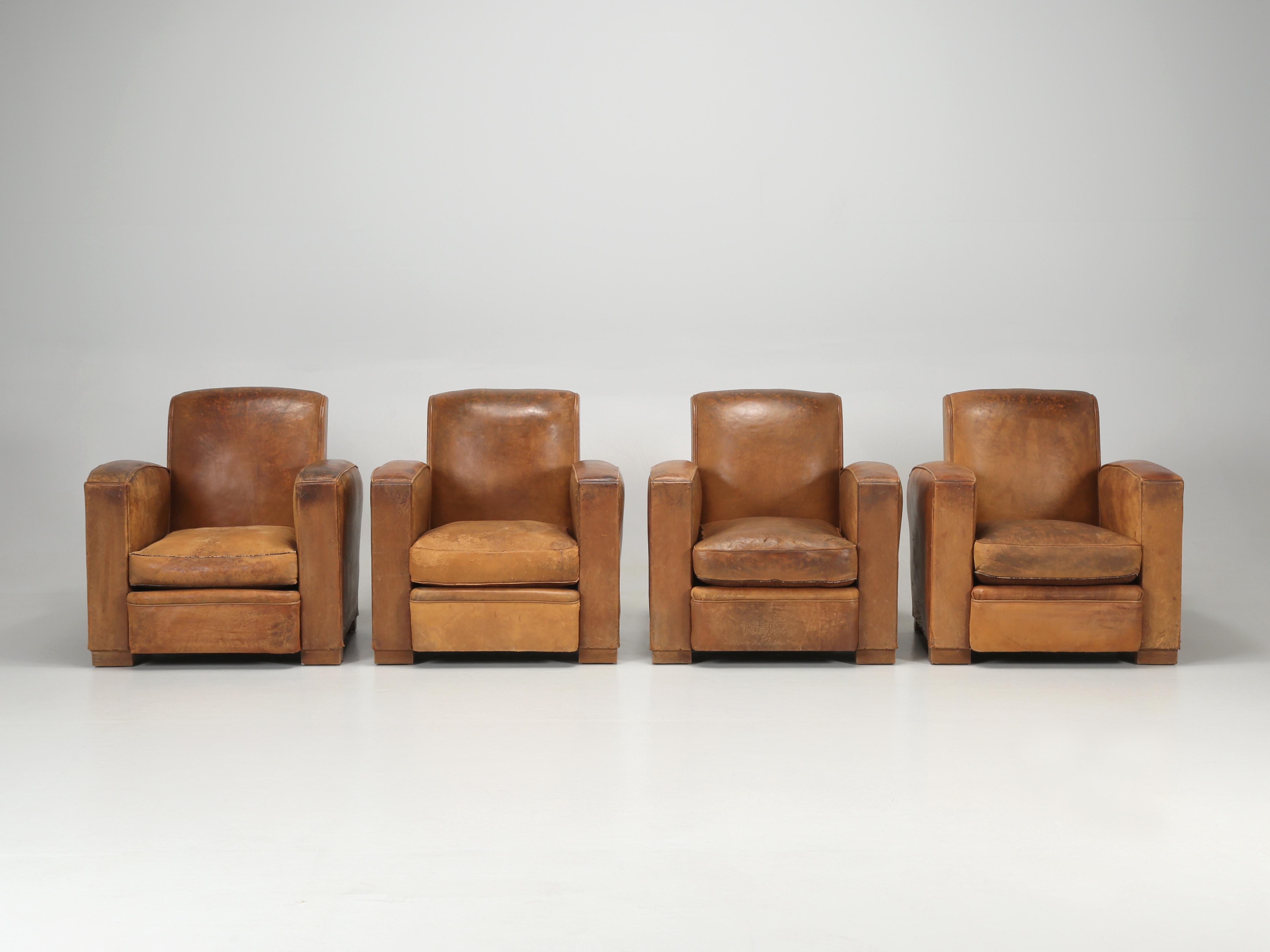 French Pair Leather Club Chairs Completely Restored Inside with Original Leather 10