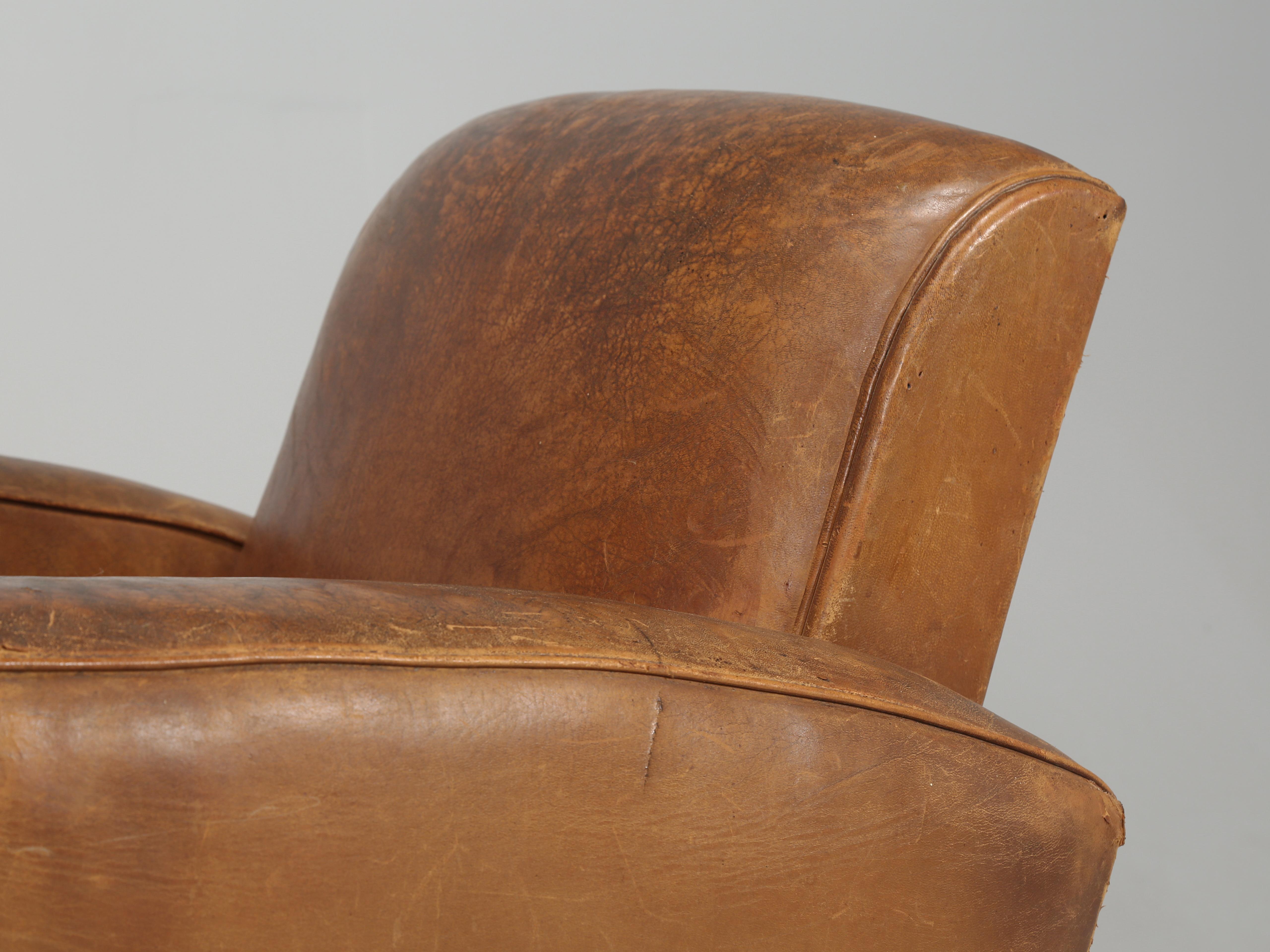 Art Deco French Pair Leather Club Chairs Completely Restored Inside with Original Leather