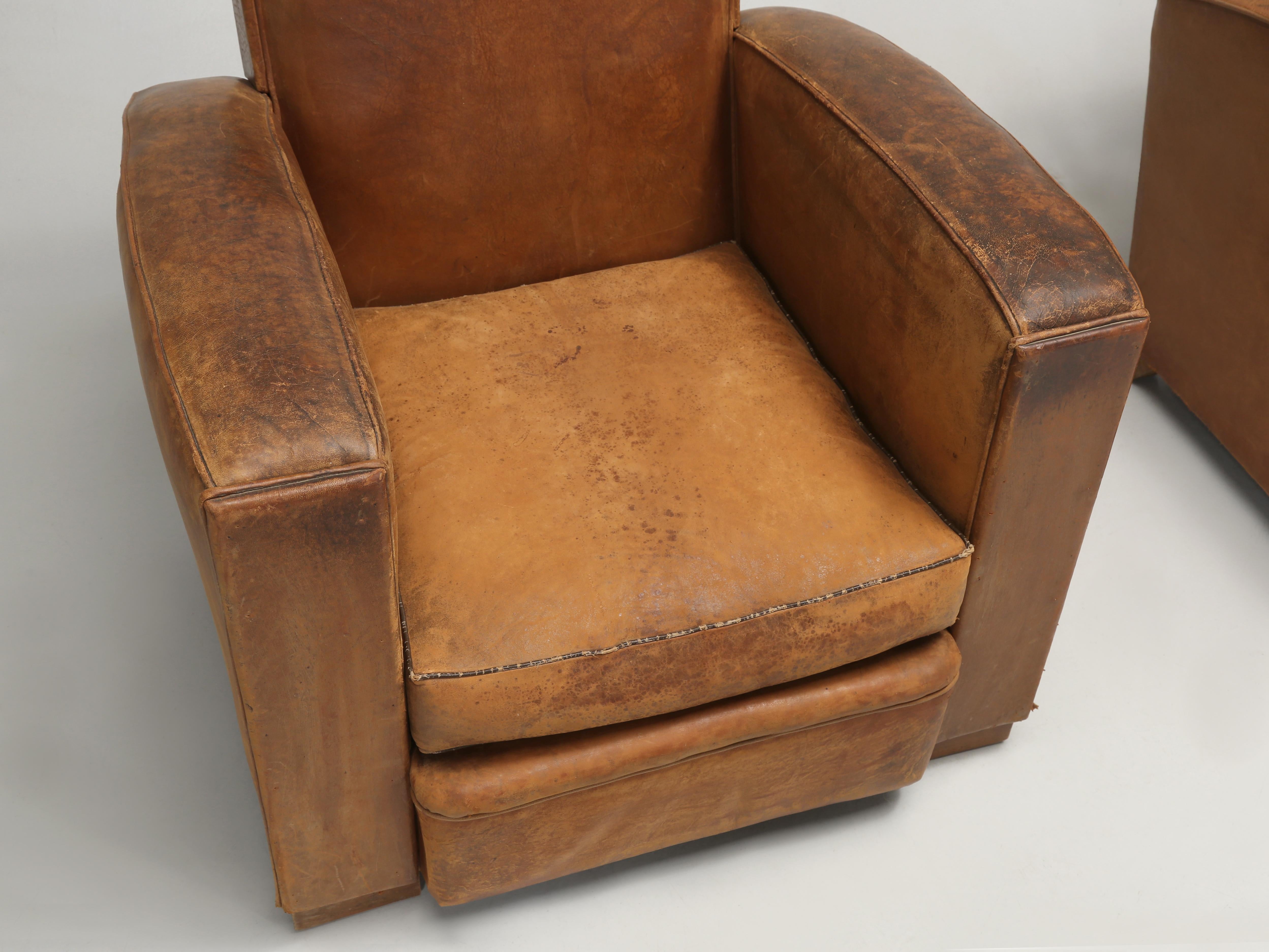Hand-Crafted French Pair Leather Club Chairs Completely Restored Inside with Original Leather