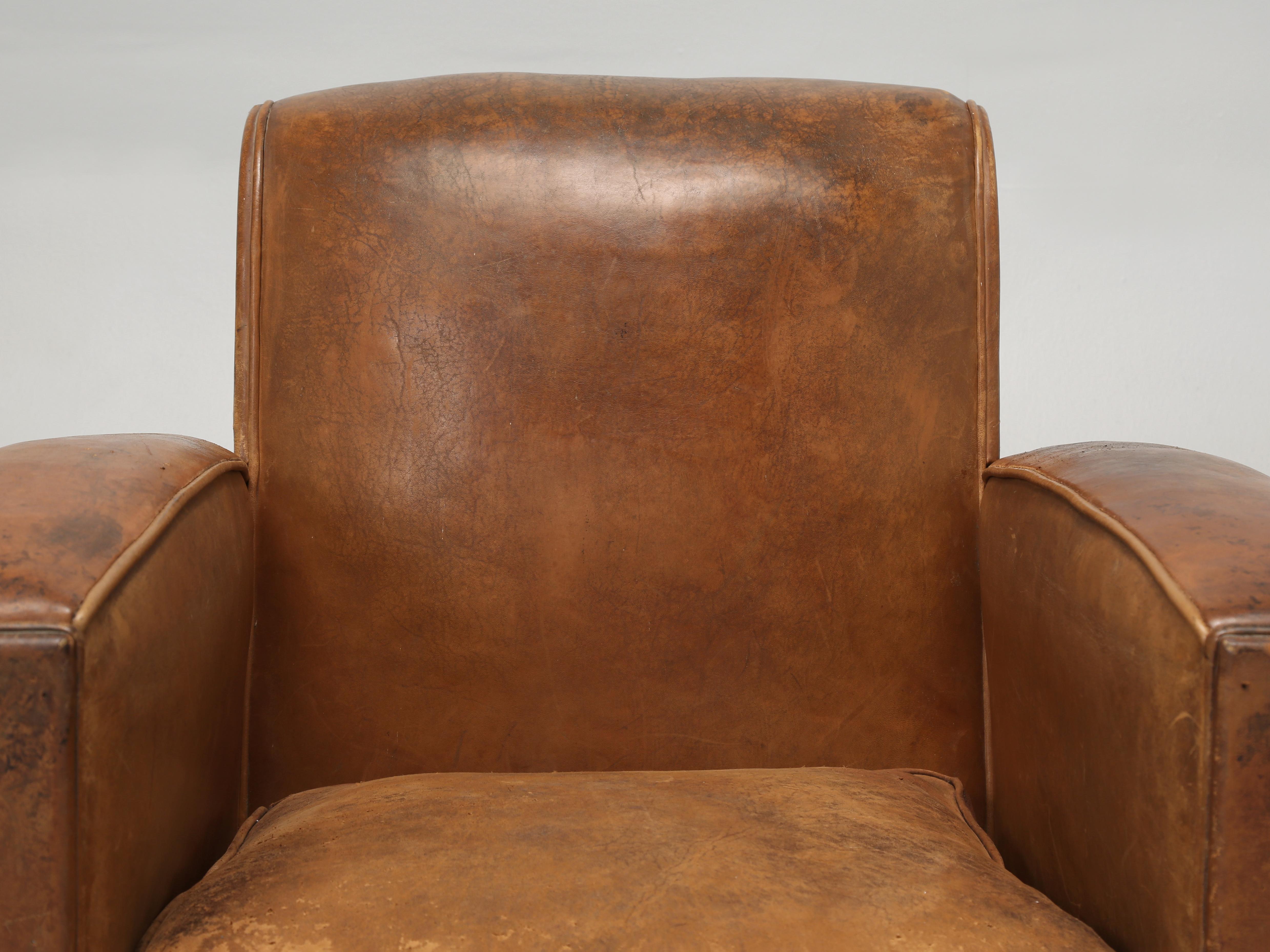 French Pair Leather Club Chairs Completely Restored Inside with Original Leather In Good Condition In Chicago, IL