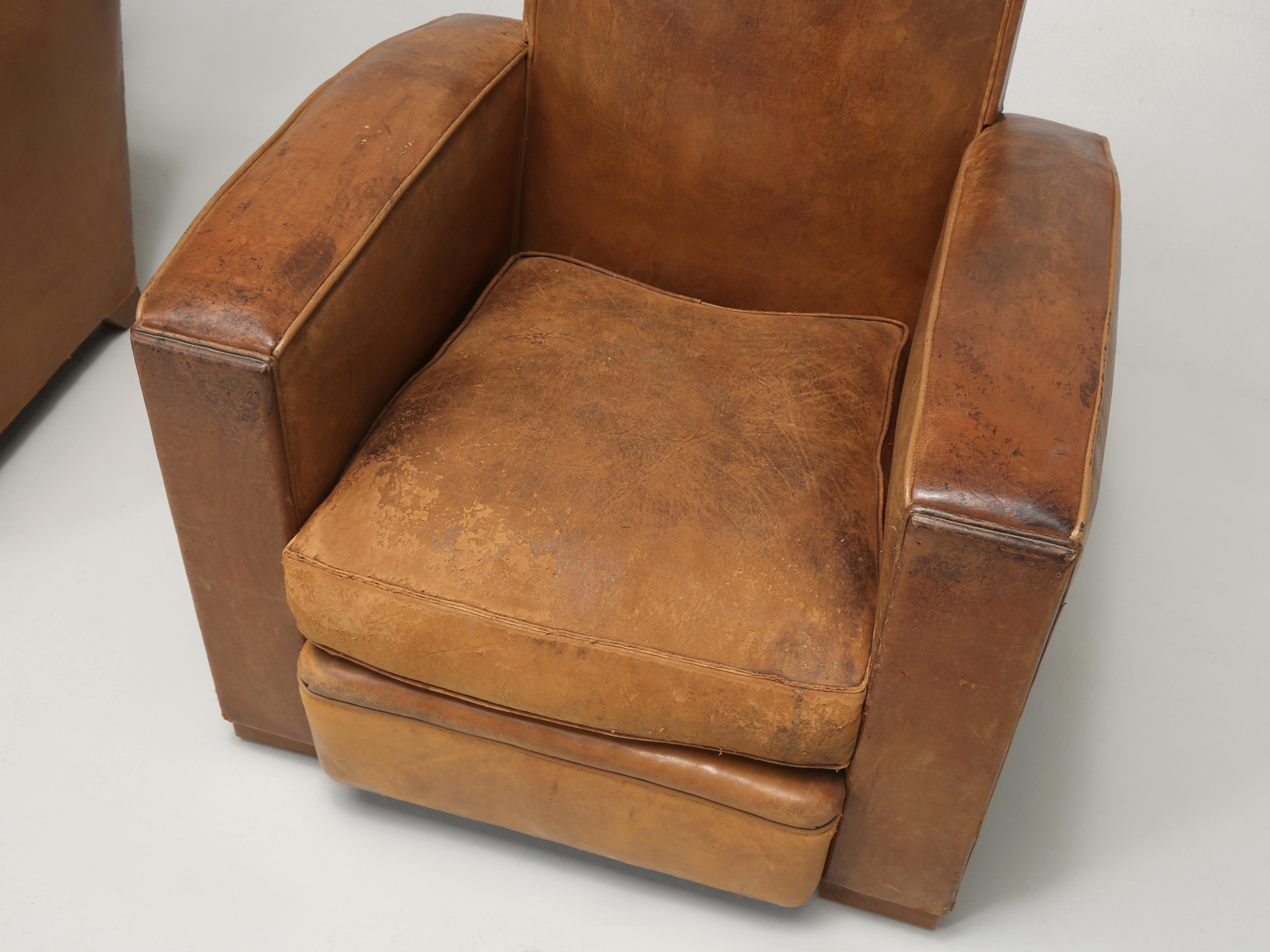 Mid-20th Century French Pair Leather Club Chairs Completely Restored Inside with Original Leather