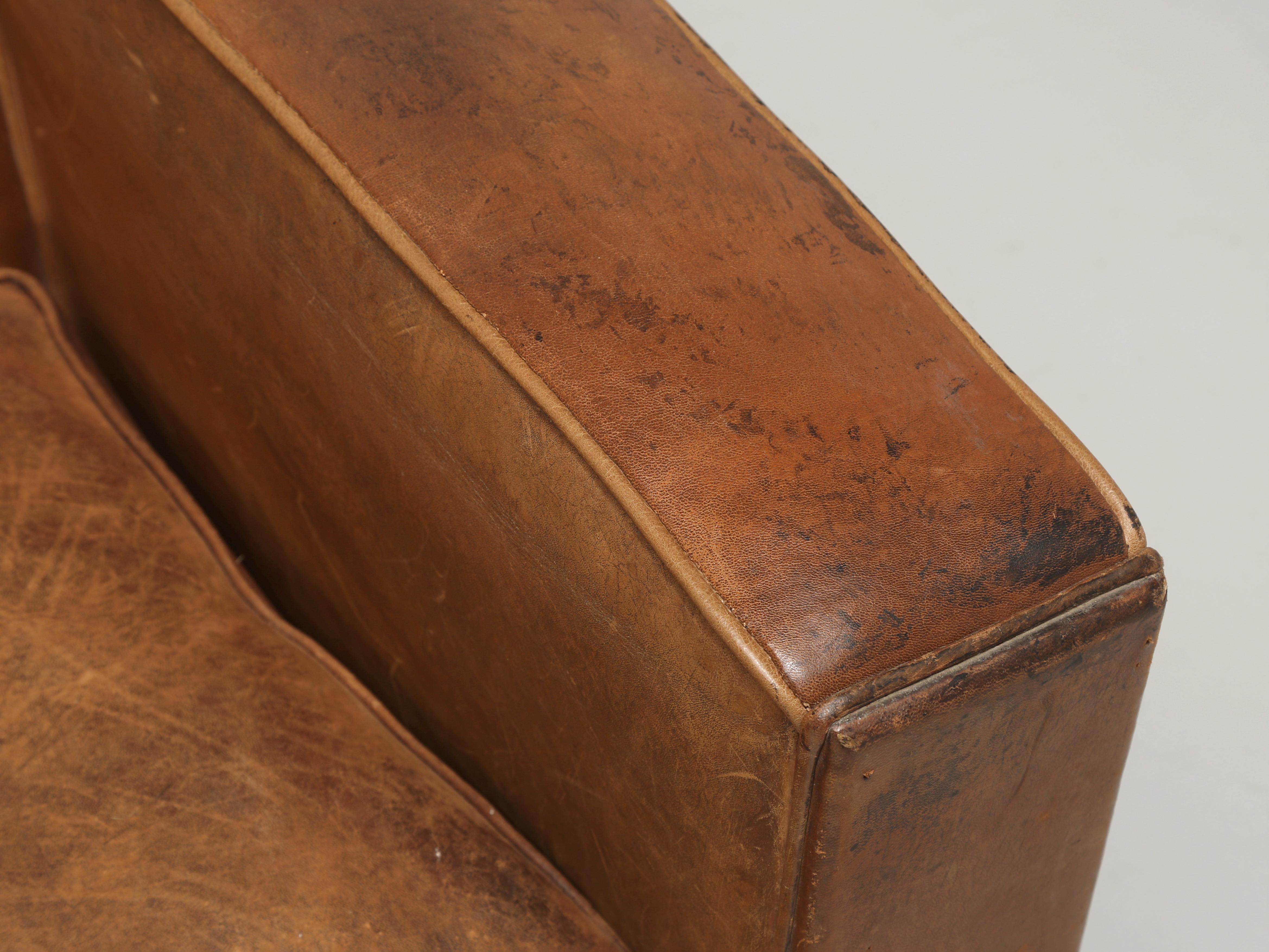 French Pair Leather Club Chairs Completely Restored Inside with Original Leather 1