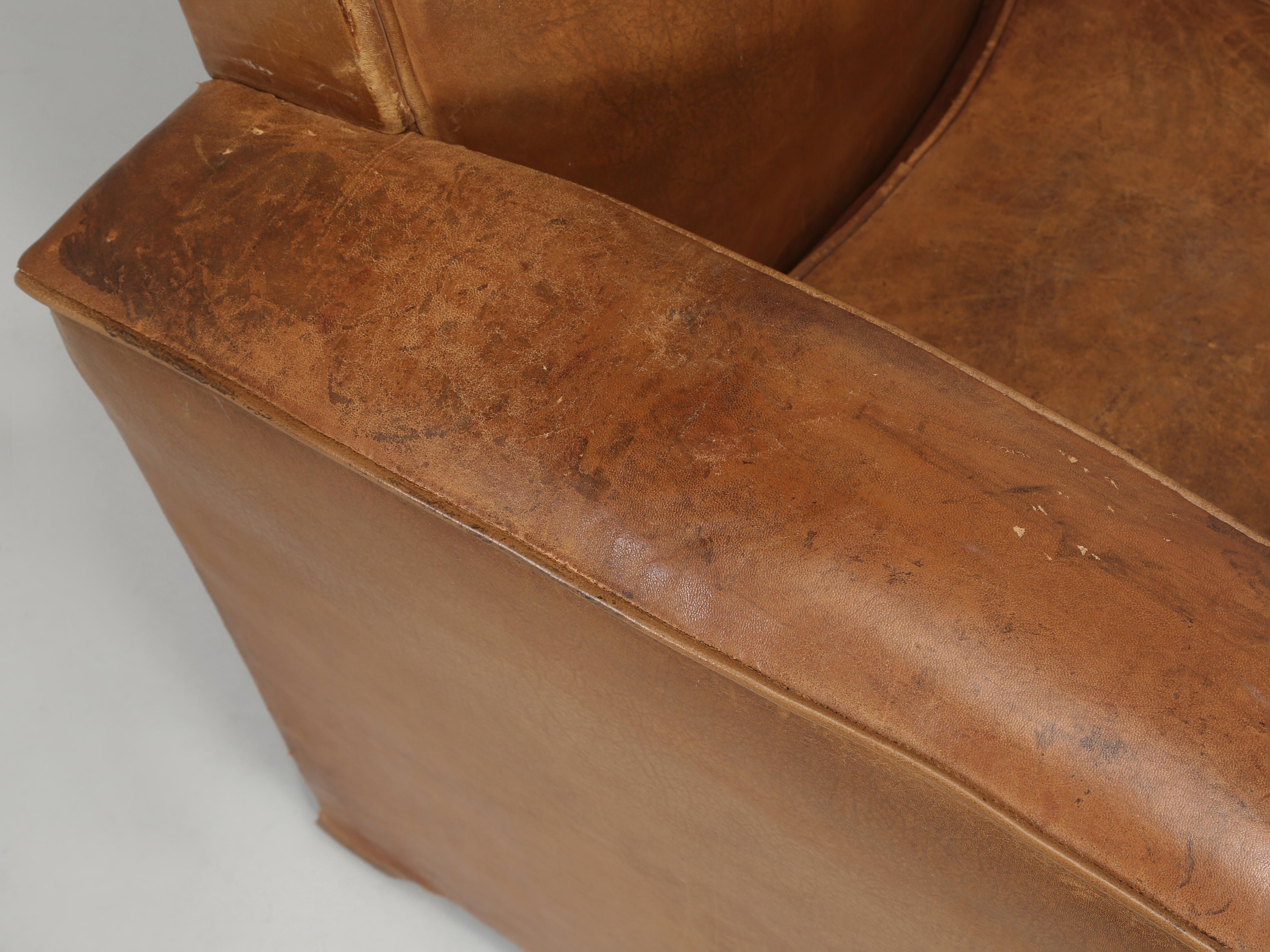 French Pair Leather Club Chairs Completely Restored Inside with Original Leather 2