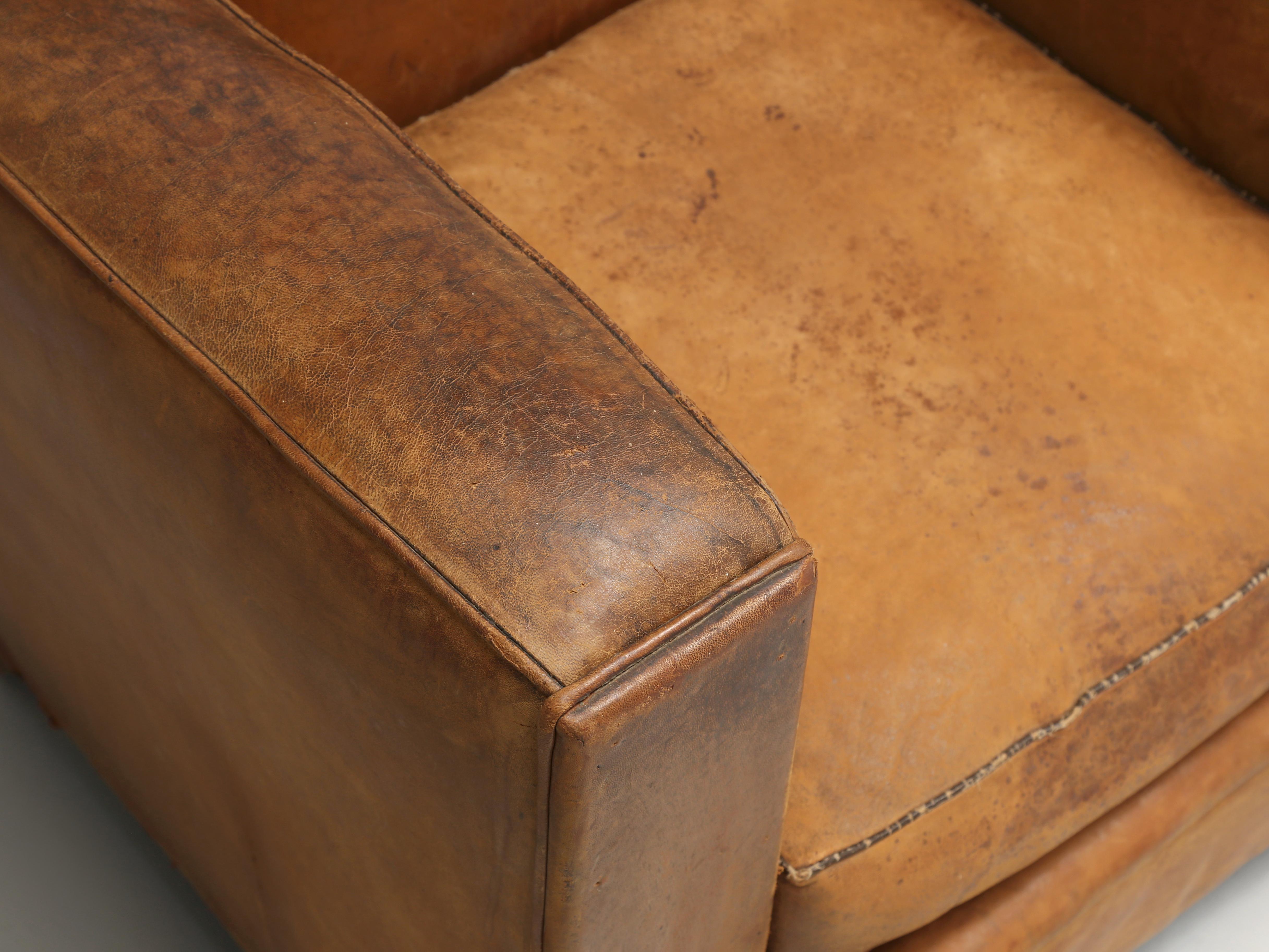 French Pair Leather Club Chairs Completely Restored Inside with Original Leather 3