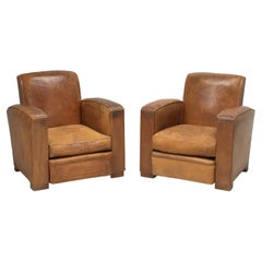 French Pair Leather Club Chairs Completely Restored Inside with Original Leather